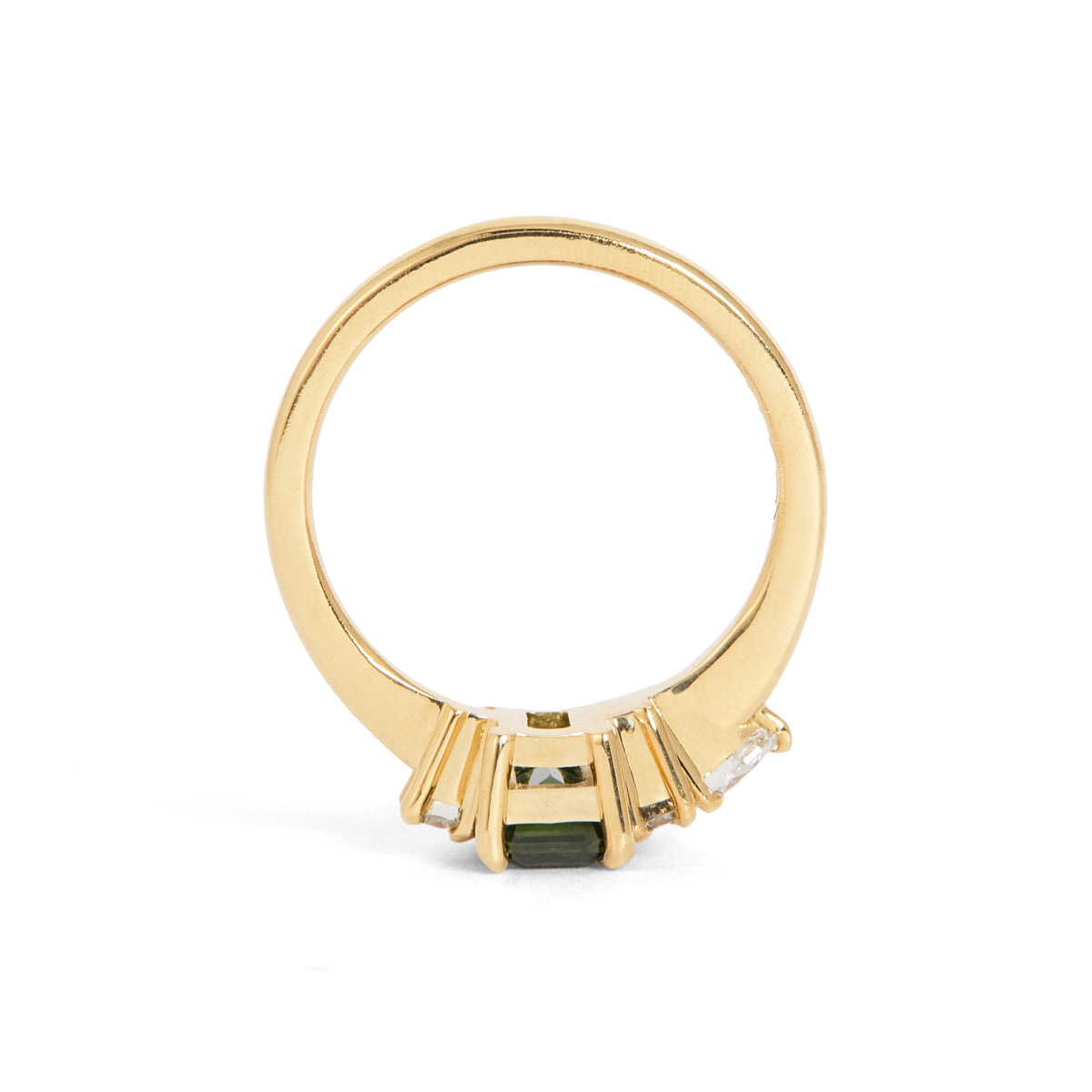 Yellow gold ring featuring a rectangular green centre gemstone in a four-prong setting, accented by clusters of round and pear-shaped white gemstones on either side.