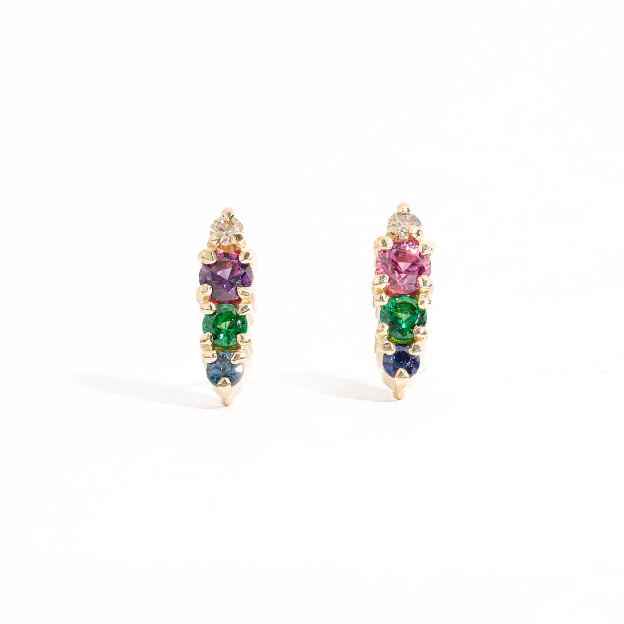  Four Stone Round Cut Champagne Diamond, Round Cut Magenta Sapphire, Round Cut Green Tsavorite Garnet and Round Cut Blue Sapphire Drop Earrings in 9 Carat Yellow Gold 