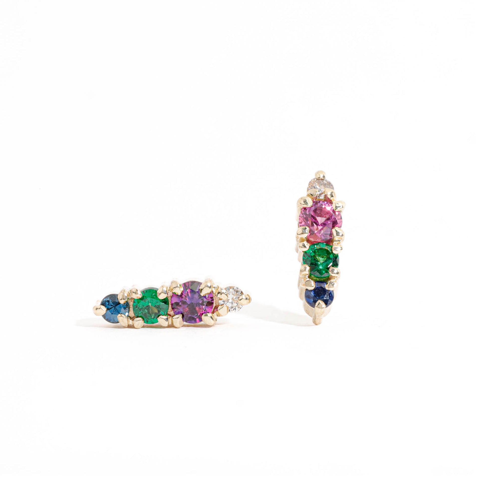  Four Stone Round Cut Champagne Diamond, Round Cut Magenta Sapphire, Round Cut Green Tsavorite Garnet and Round Cut Blue Sapphire Drop Earrings in 9 Carat Yellow Gold 