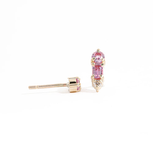 Three Stone Round Cut Pink Sapphires and a Round Cut Champagne Diamond Drop Earrings in 9 Carat Yellow Gold 