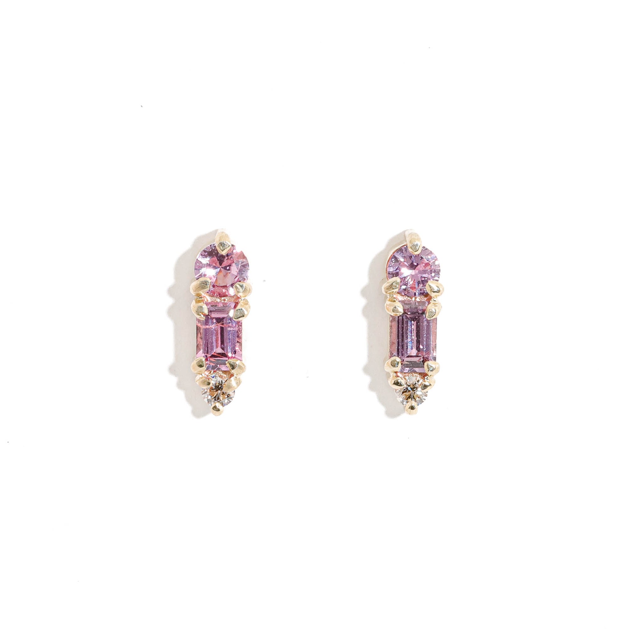 Three Stone Round Cut Pink Sapphires and a Round Cut Champagne Diamond Drop Earrings in 9 Carat Yellow Gold 