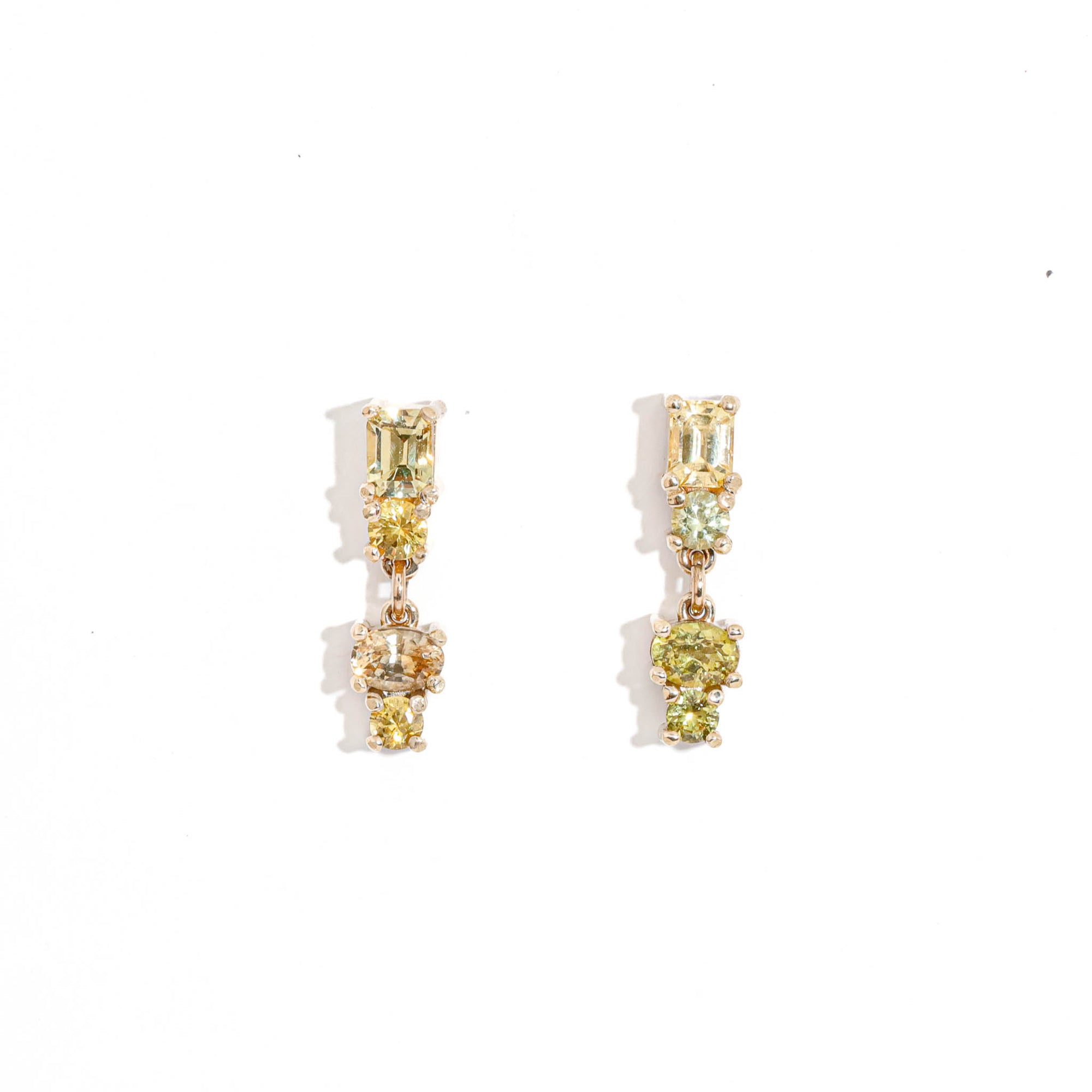  Emerald Cut and Round Brilliant Cut and Oval Cut Yellow Sapphire Drop Earrings in 9 Carat Yellow Gold