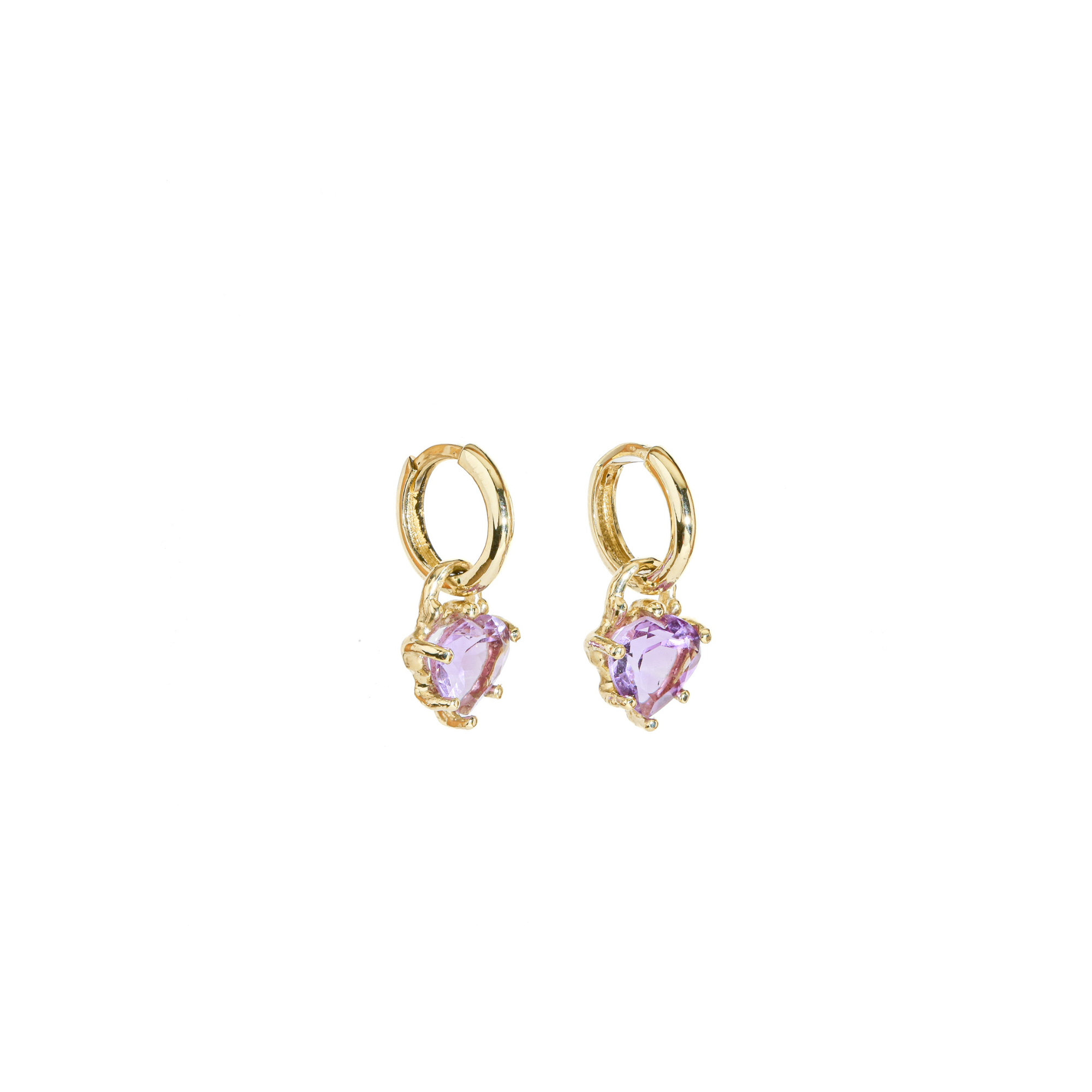 Gold hoop earrings with lilac heart-shaped amethyst on a white background