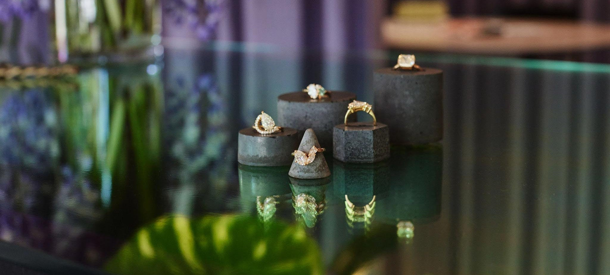 diamond engagement rings on display table