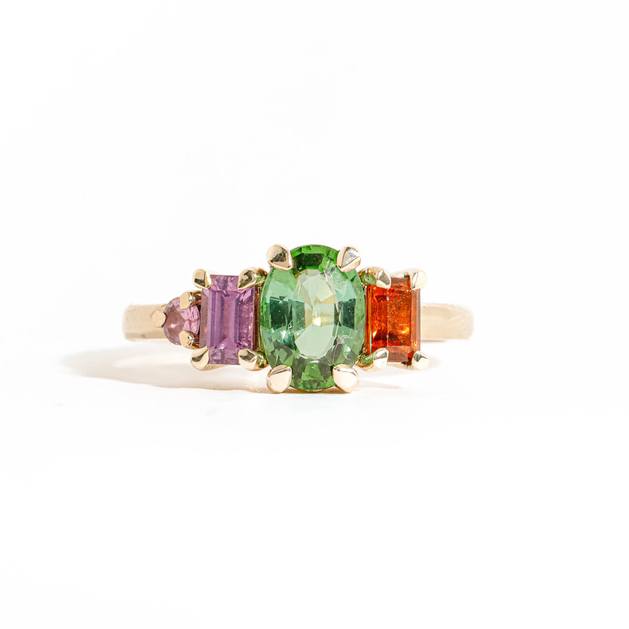 Oval Cut Green Tourmaline, Baguette Cut Orange Sapphire, Round Brilliant Cut Champagne Diamond and Emerald Cut Pink Sapphire Ring in 9 Carat Yellow Gold