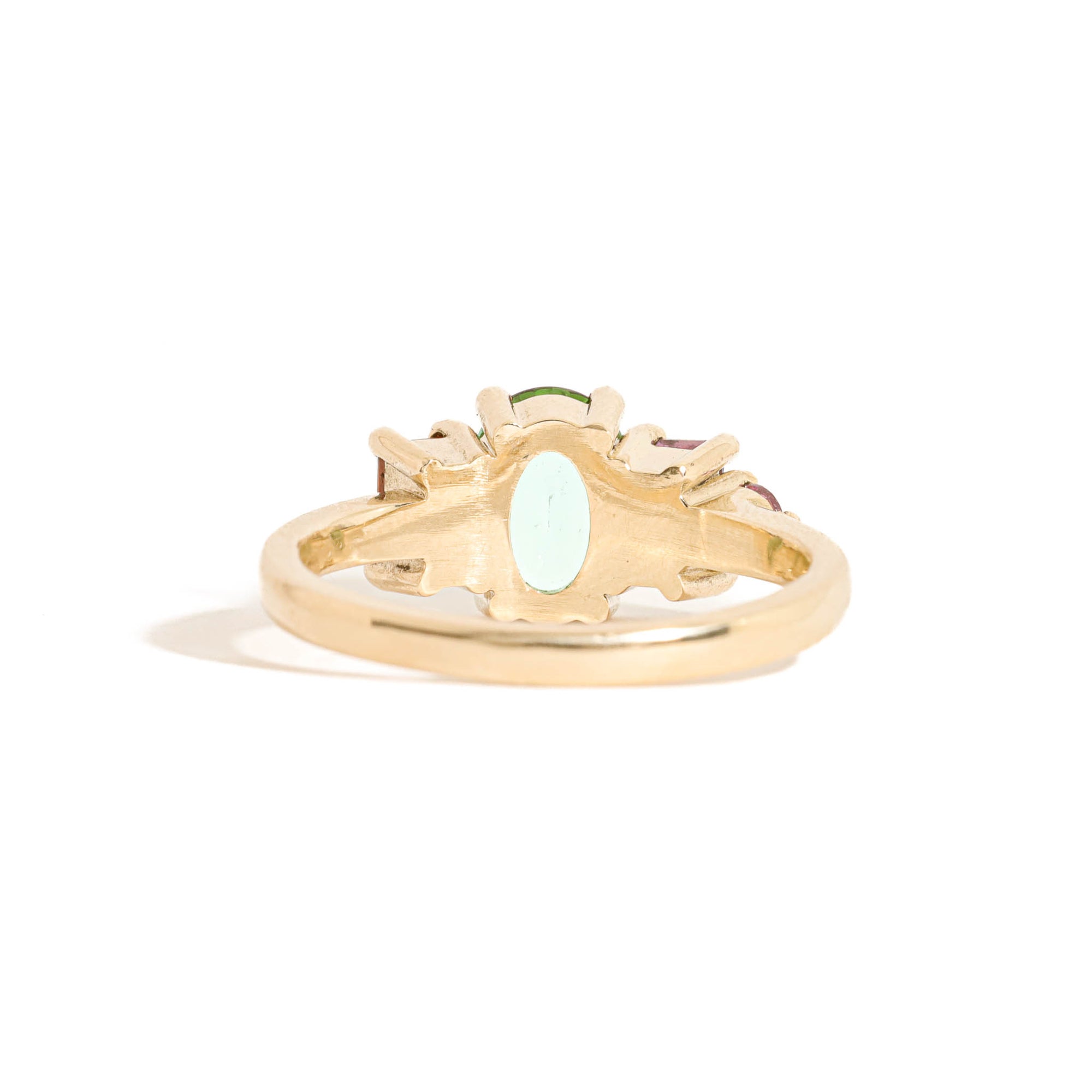 Oval Cut Green Tourmaline, Baguette Cut Orange Sapphire, Round Brilliant Cut Champagne Diamond and Emerald Cut Pink Sapphire Ring in 9 Carat Yellow Gold