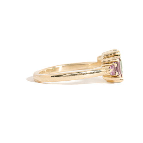 Oval Cut Green Tourmaline, Baguette Cut Orange Sapphire, Round Brilliant Cut Champagne Diamond and Emerald Cut Pink Sapphire Ring in 9 Carat Yellow Gold