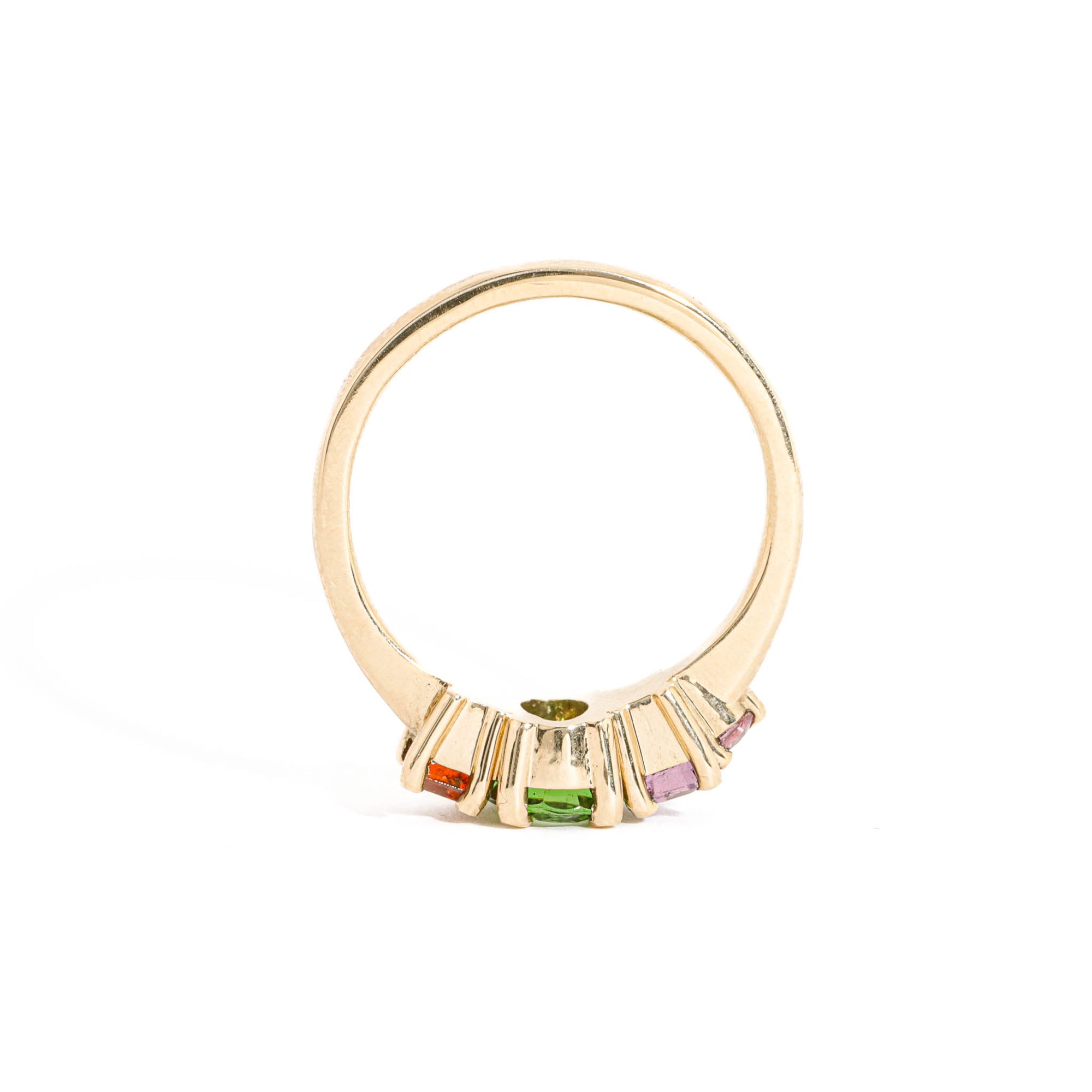 Oval Cut Green Tourmaline, Baguette Cut Orange Sapphire, Round Brilliant Cut Champagne Diamond and Emerald Cut Pink Sapphire Ring in 9 Carat Yellow Gold