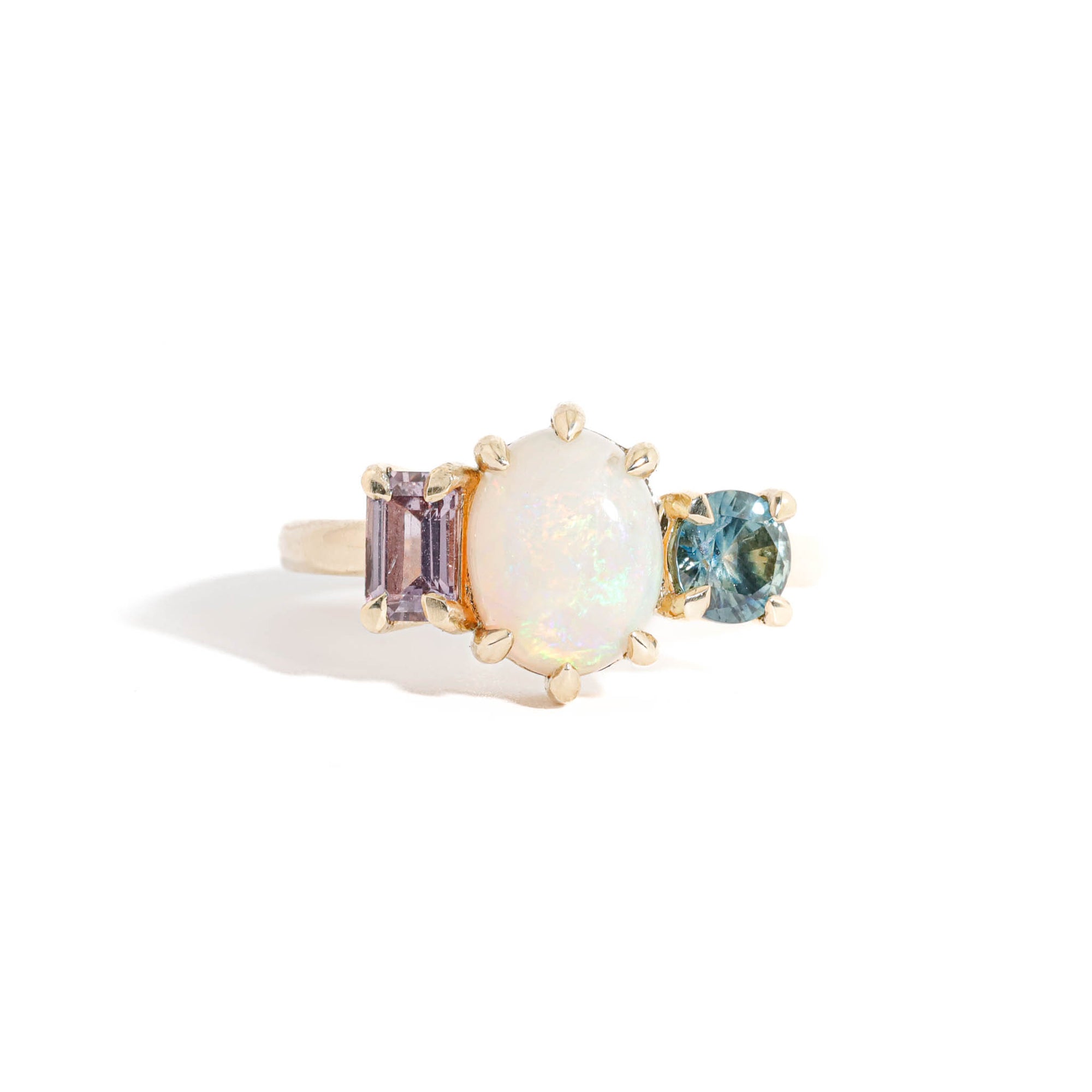 Opal and Sapphire Three Stone Sapphire Ring in 9 Carat Yellow Gold