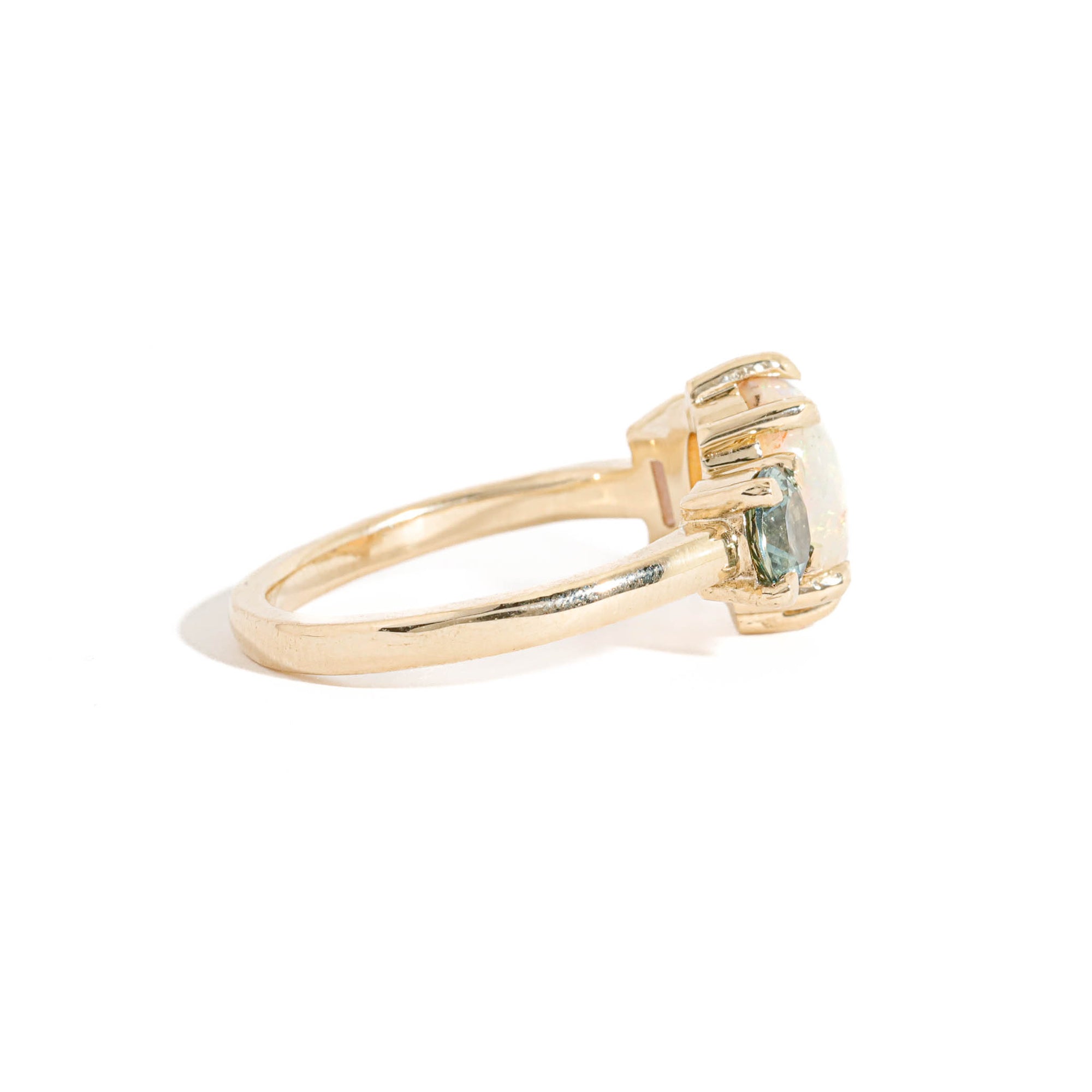 Opal and Sapphire Three Stone Sapphire Ring in 9 Carat Yellow Gold