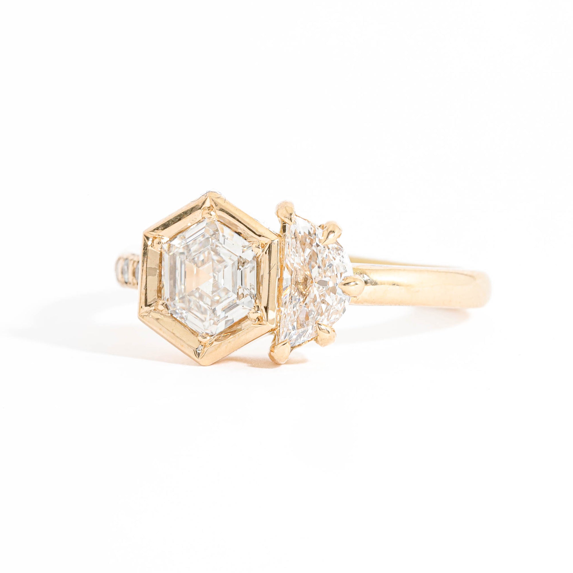 Hexagon Cut and Half Moon Cut Diamond Two Stone Ring in 18 Carat Yellow Gold