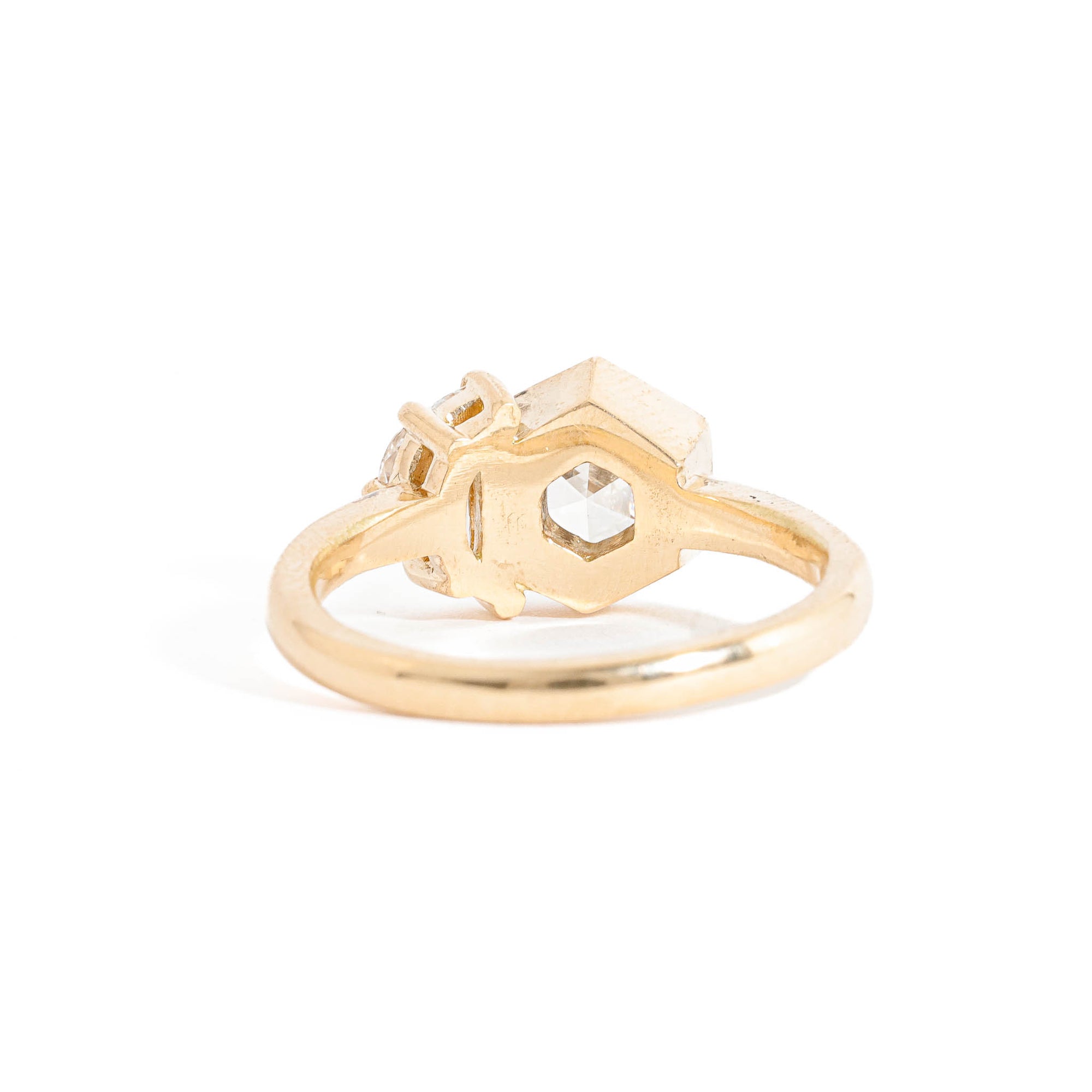 Hexagon Cut and Half Moon Cut Diamond Two Stone Ring in 18 Carat Yellow Gold