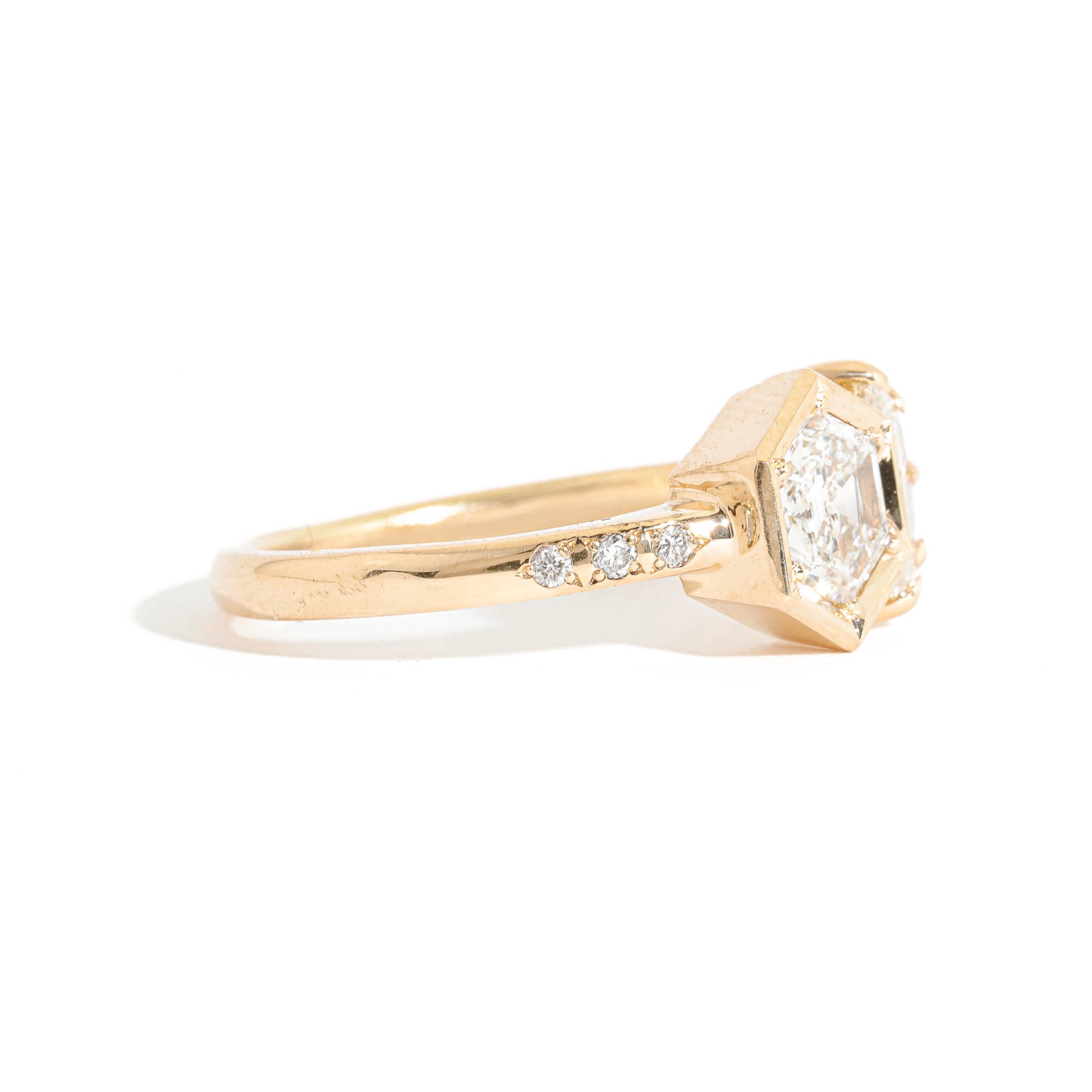 Hexagon Cut and Half Moon Cut Diamond Two Stone Ring in 18 Carat Yellow Gold