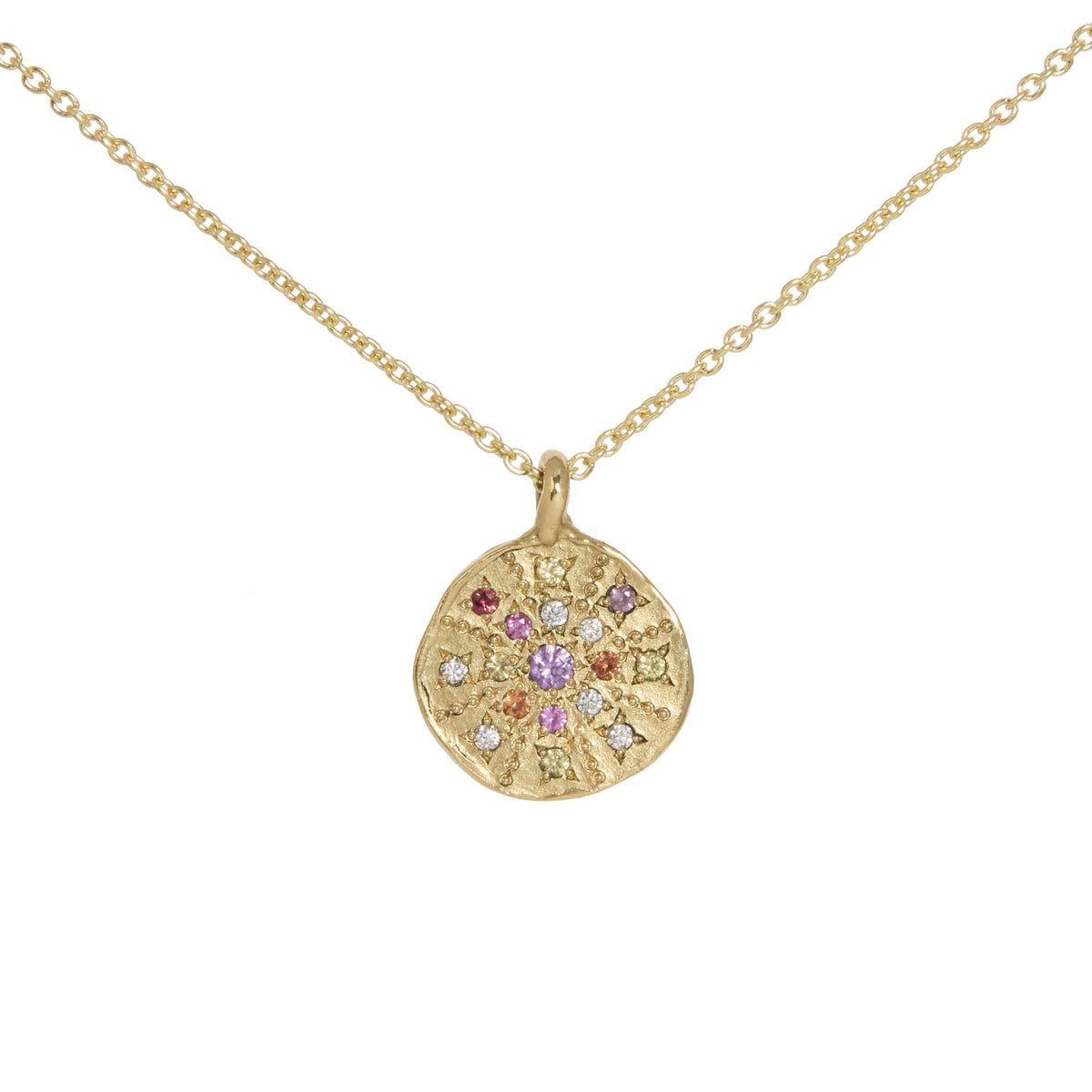 Sunburst Warm 16mm Pink, Orange & Yellow Australian Sapphire & White Diamond Pendant Necklace