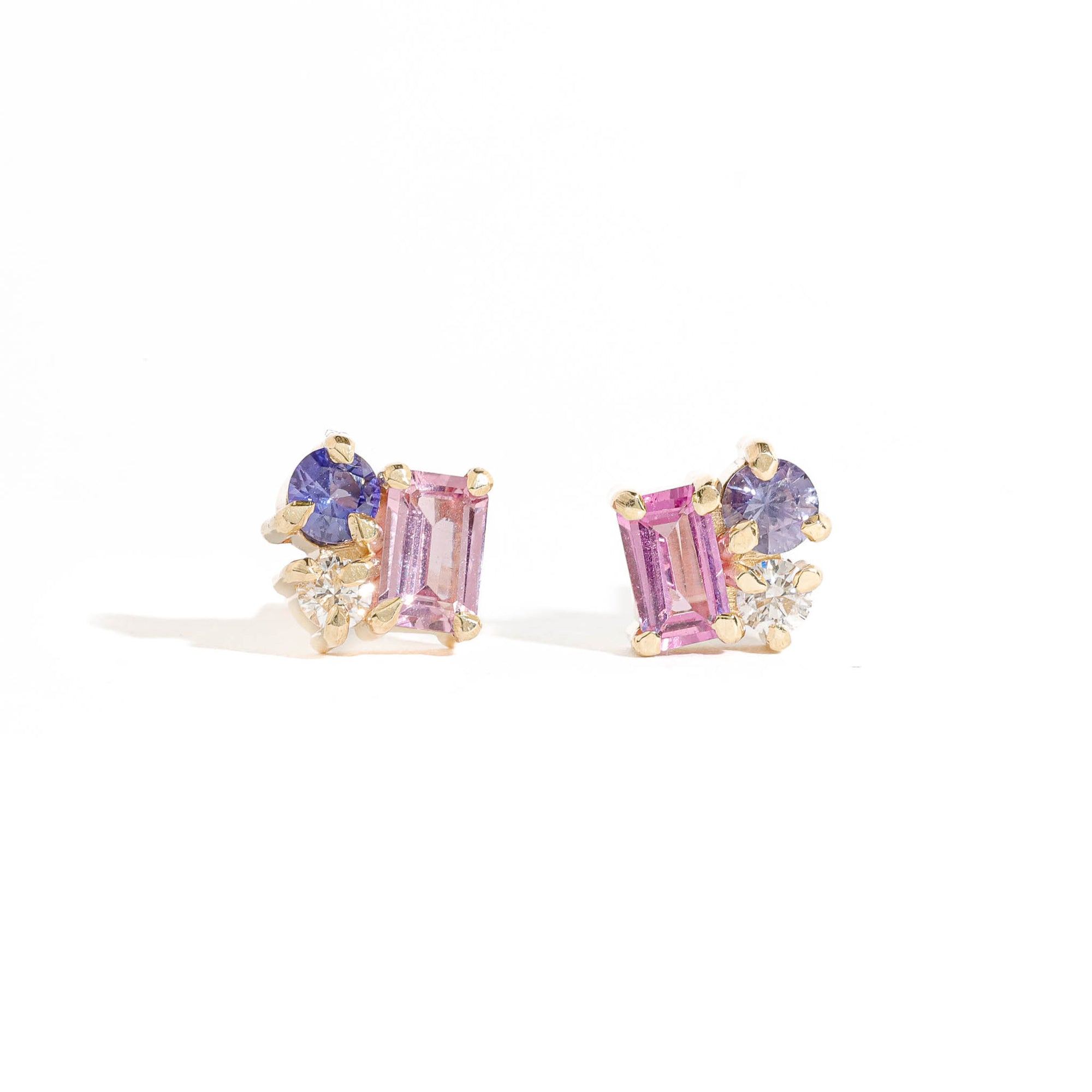  Emerald Cut Pink Sapphire, Round Cut Purple/Blue Sapphire and Round Cut Champagne Diamond Cluster Earrings 9 Carat Yellow Gold