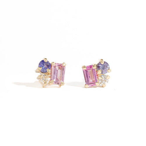  Emerald Cut Pink Sapphire, Round Cut Purple/Blue Sapphire and Round Cut Champagne Diamond Cluster Earrings 9 Carat Yellow Gold