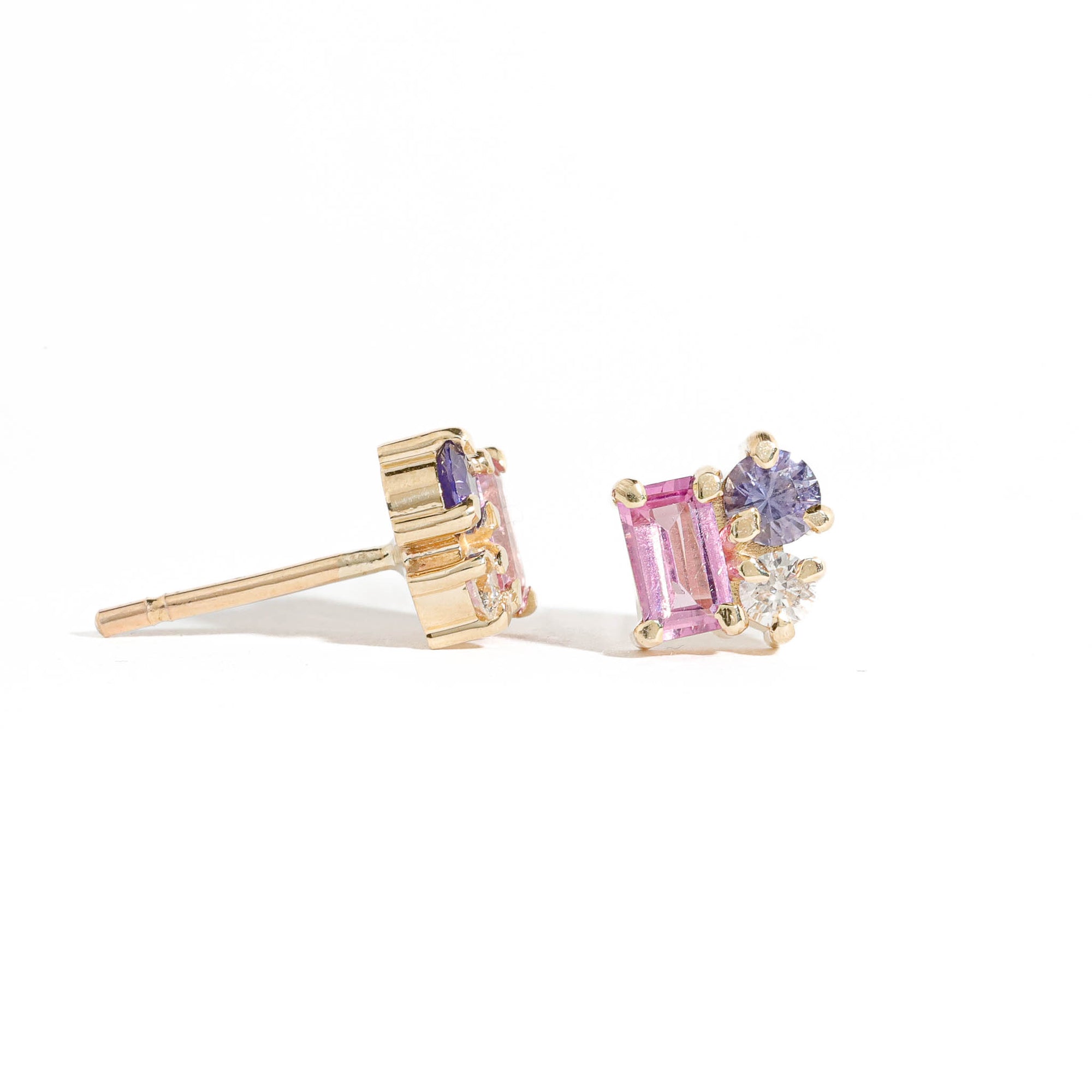  Emerald Cut Pink Sapphire, Round Cut Purple/Blue Sapphire and Round Cut Champagne Diamond Cluster Earrings 9 Carat Yellow Gold
