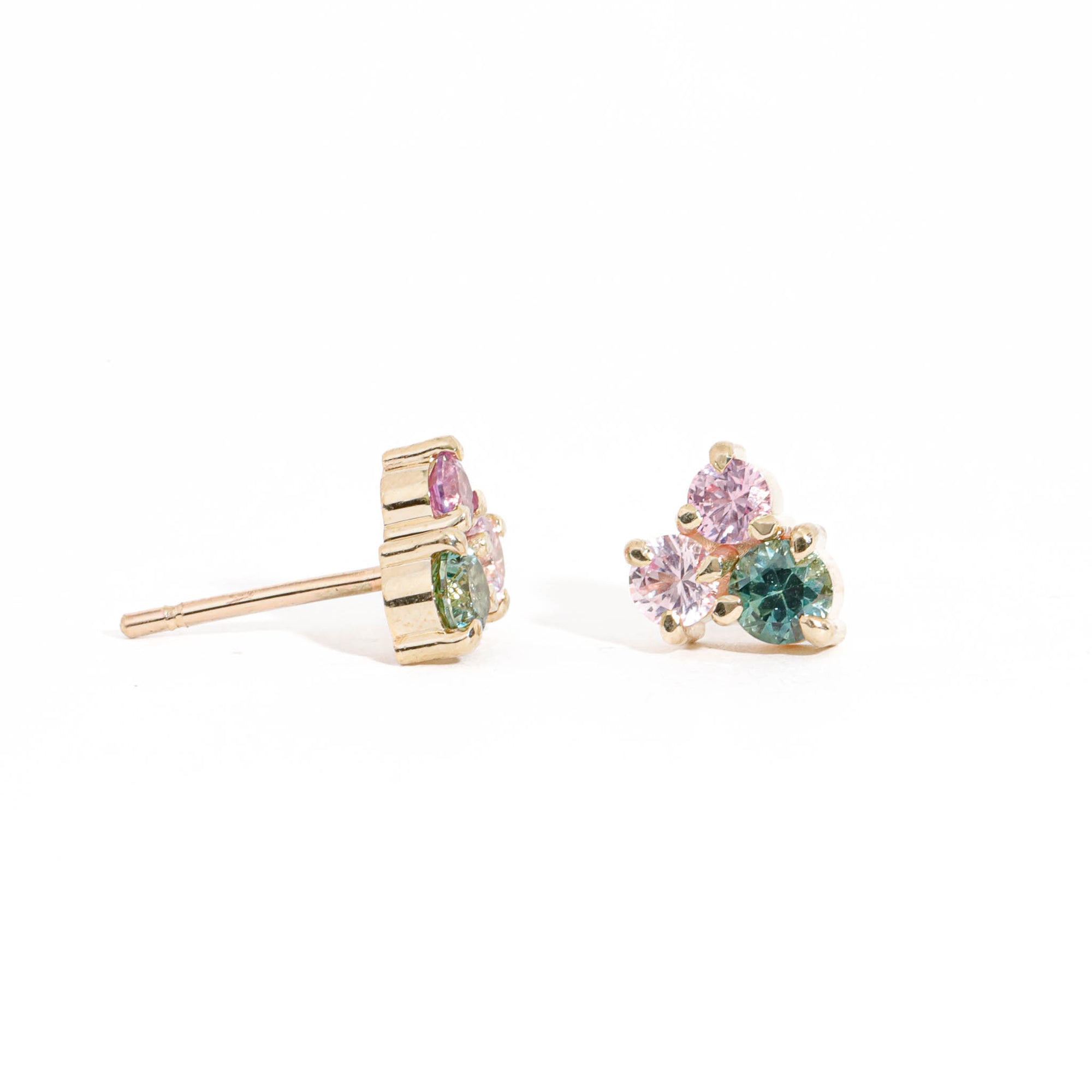Round Cut Light Pink Sapphire, Round Cut Mid Pink Sapphire and Round Cut Teal Sapphire Cluster Earrings 9 Carat Yellow Gold