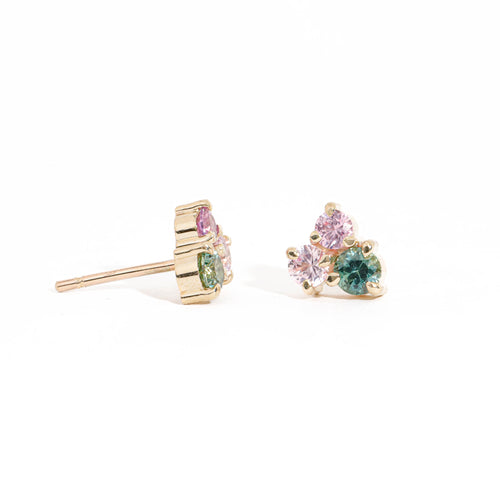 Round Cut Light Pink Sapphire, Round Cut Mid Pink Sapphire and Round Cut Teal Sapphire Cluster Earrings 9 Carat Yellow Gold