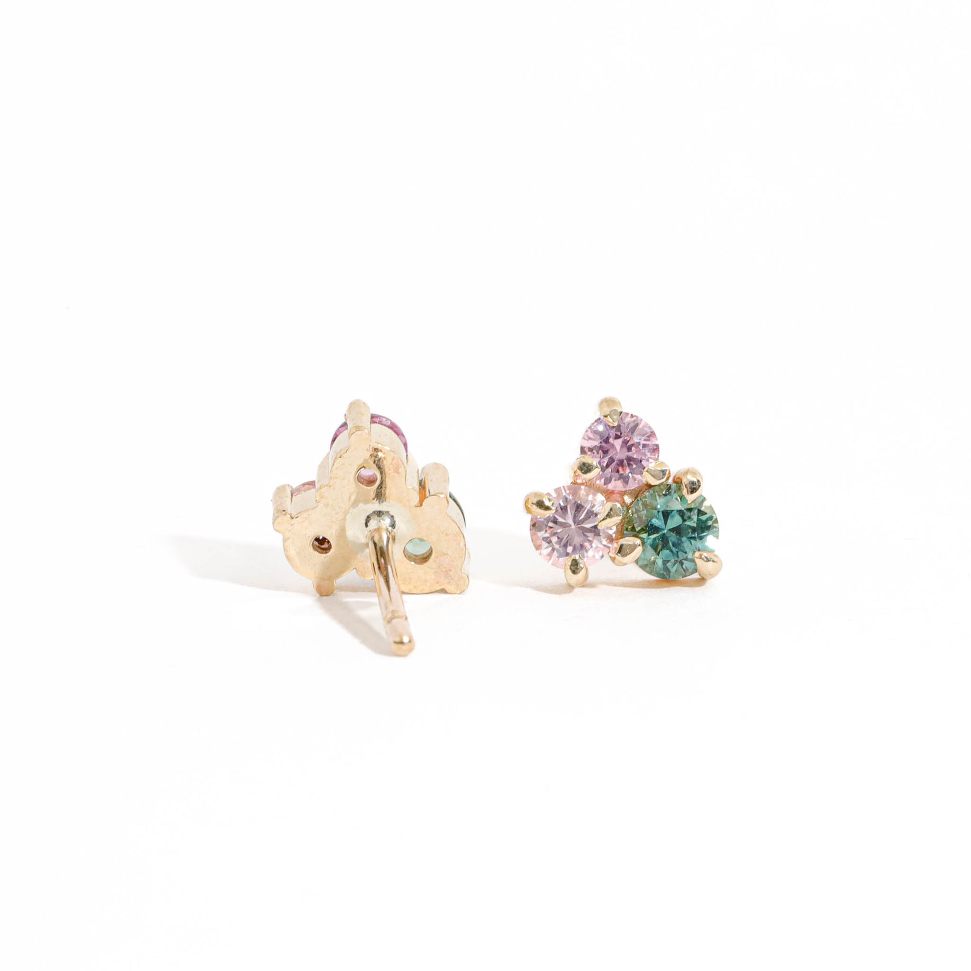 Round Cut Light Pink Sapphire, Round Cut Mid Pink Sapphire and Round Cut Teal Sapphire Cluster Earrings 9 Carat Yellow Gold