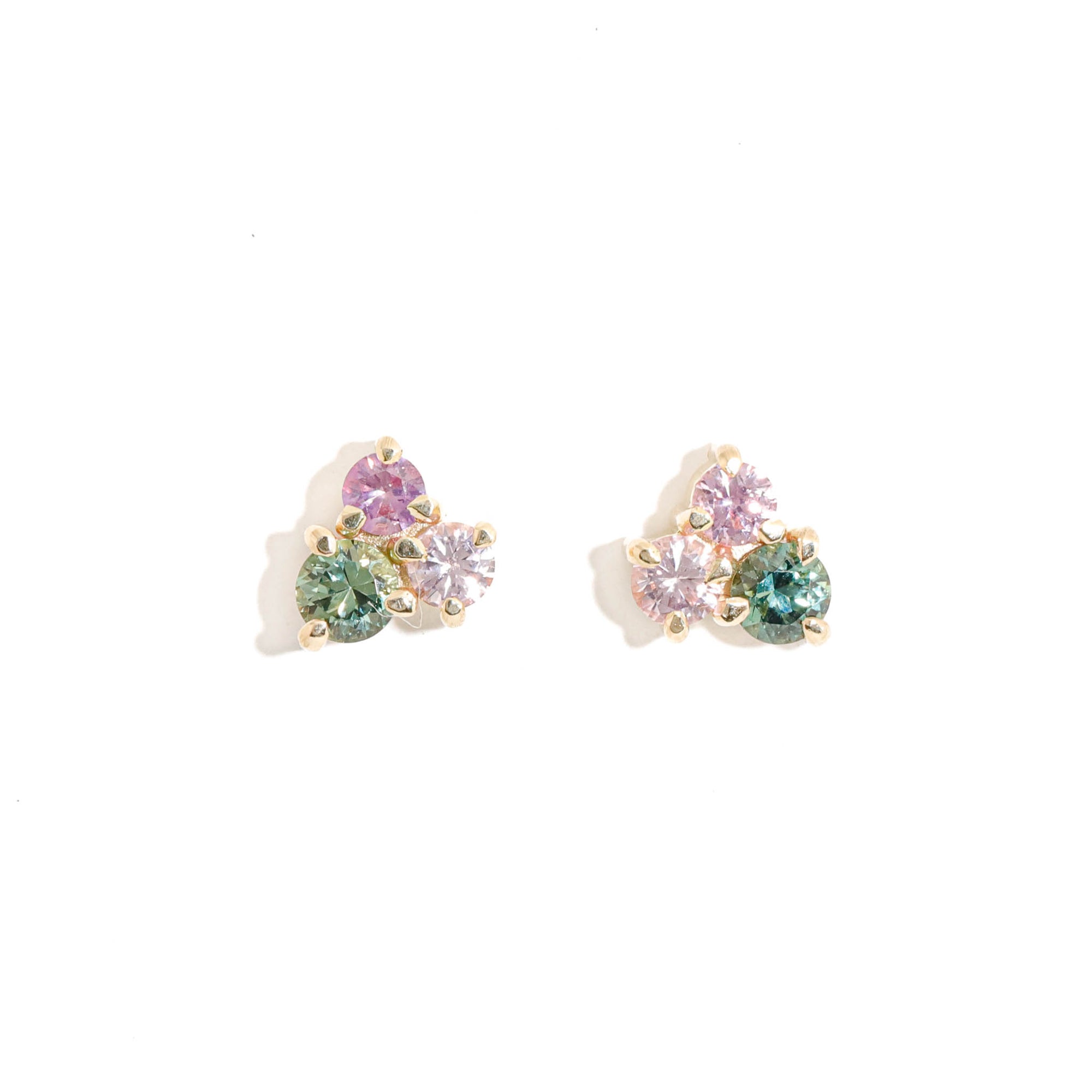 Round Cut Light Pink Sapphire, Round Cut Mid Pink Sapphire and Round Cut Teal Sapphire Cluster Earrings 9 Carat Yellow Gold