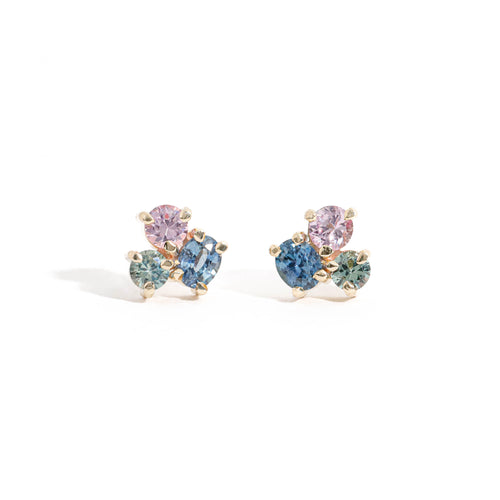 Three Stone Blue, Oval Cut Mid Blue Sapphire, Round Cut Teal Sapphire and Round Cut Light Pink Sapphire Cluster Earrings in 9 Carat Yellow Gold