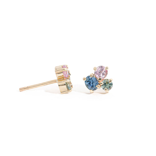 Three Stone Blue, Oval Cut Mid Blue Sapphire, Round Cut Teal Sapphire and Round Cut Light Pink Sapphire Cluster Earrings in 9 Carat Yellow Gold