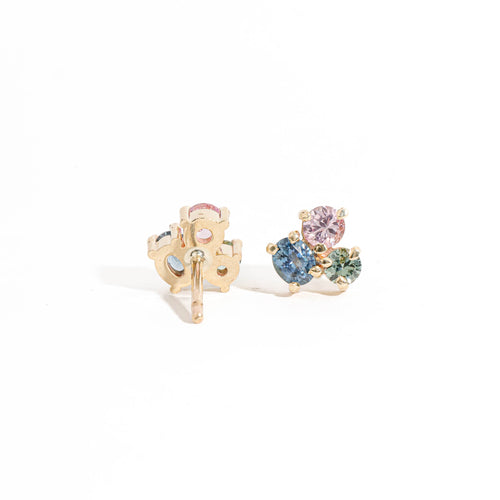 Three Stone Blue, Oval Cut Mid Blue Sapphire, Round Cut Teal Sapphire and Round Cut Light Pink Sapphire Cluster Earrings in 9 Carat Yellow Gold