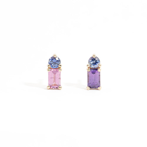 Emerald Cut Pink/Purple Sapphire and Round Cut Blue Sapphire Earrings in 9 Carat Yellow Gold