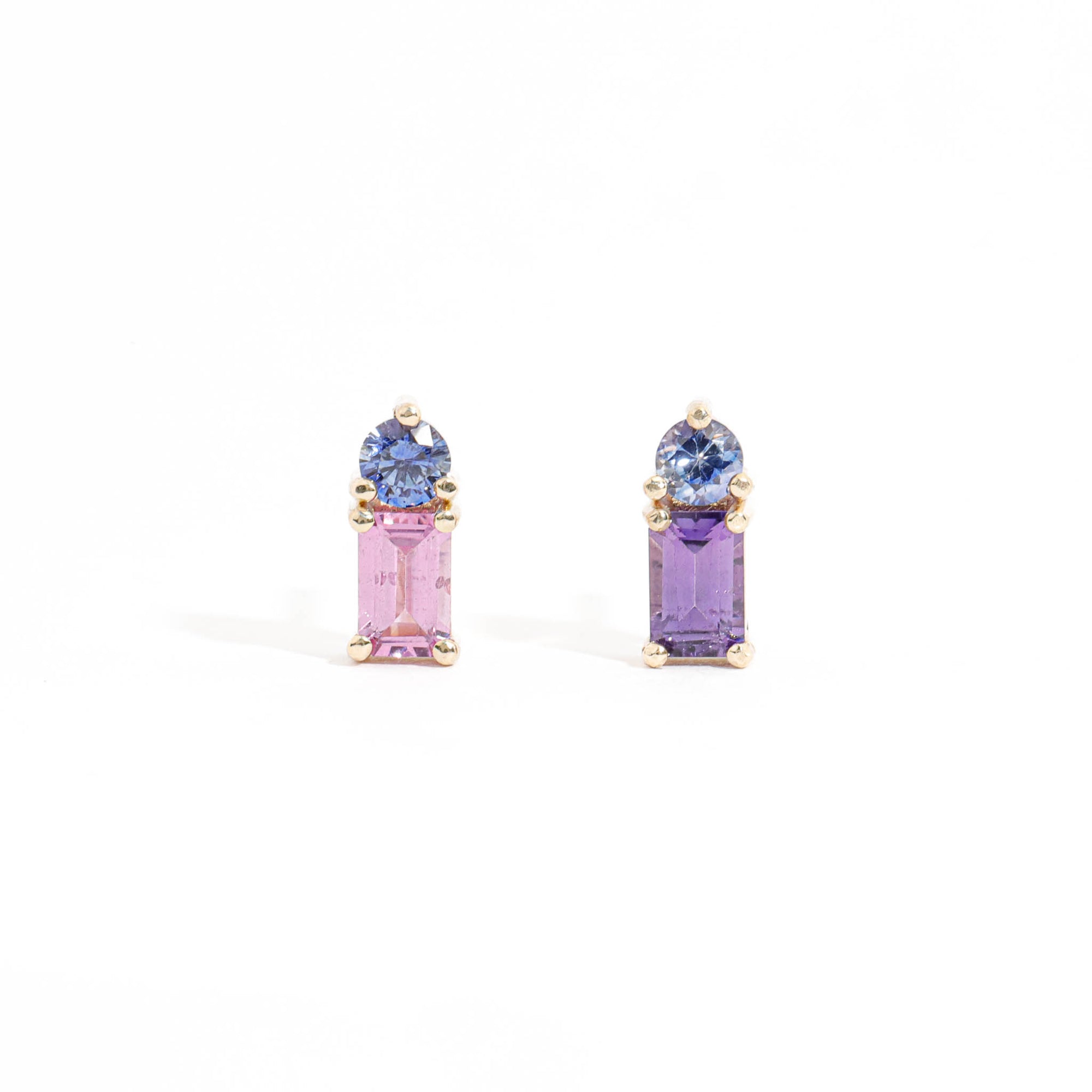 Emerald Cut Pink/Purple Sapphire and Round Cut Blue Sapphire Earrings in 9 Carat Yellow Gold