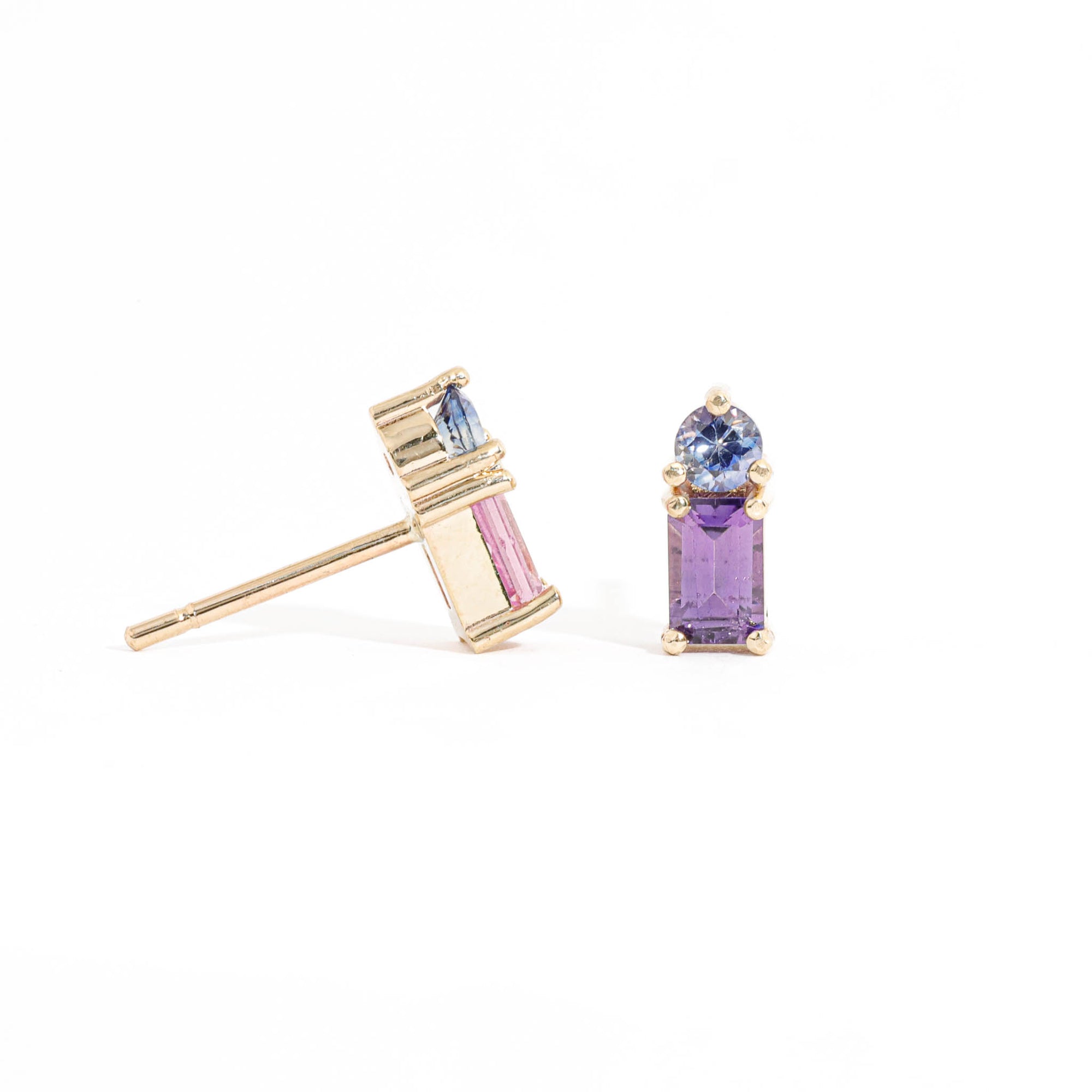 Emerald Cut Pink/Purple Sapphire and Round Cut Blue Sapphire Earrings in 9 Carat Yellow Gold