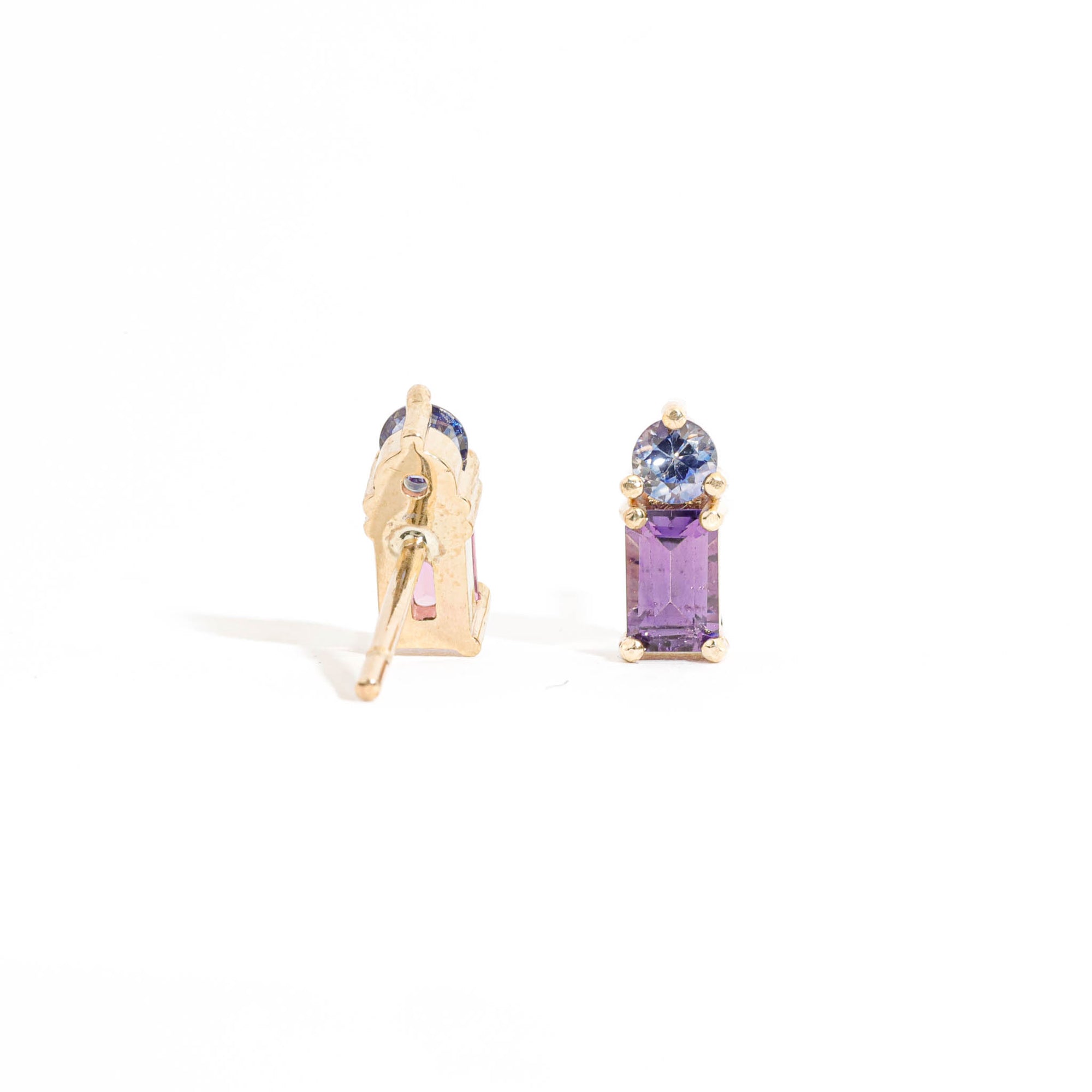 Emerald Cut Pink/Purple Sapphire and Round Cut Blue Sapphire Earrings in 9 Carat Yellow Gold
