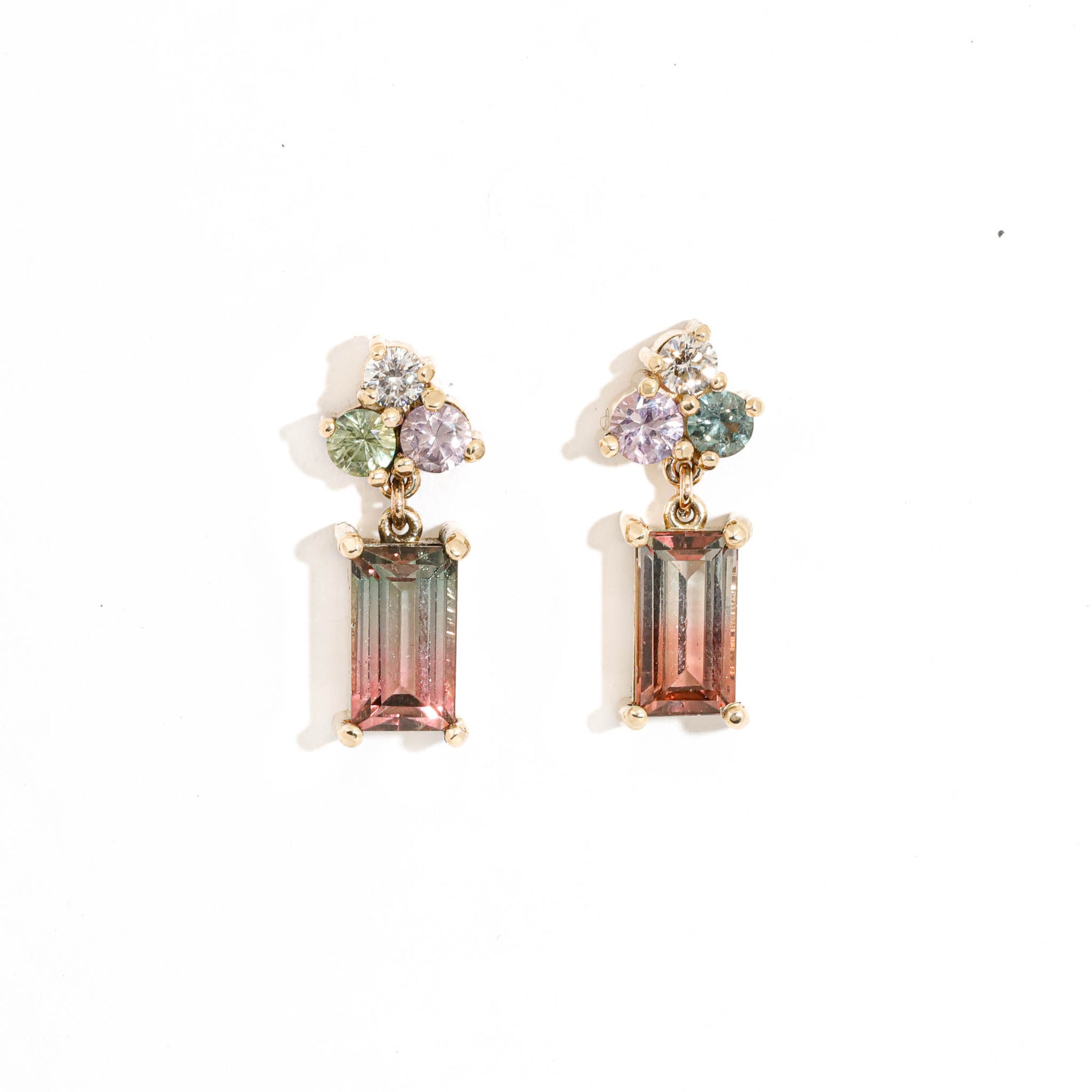 Round Cut Champagne Diamond, Round Cut Light Green Sapphire, Round Cut Light Pink Sapphire and Baguette Cut Watermelon Tourmaline Cluster Earrings in 9 Carat Yellow Gold 