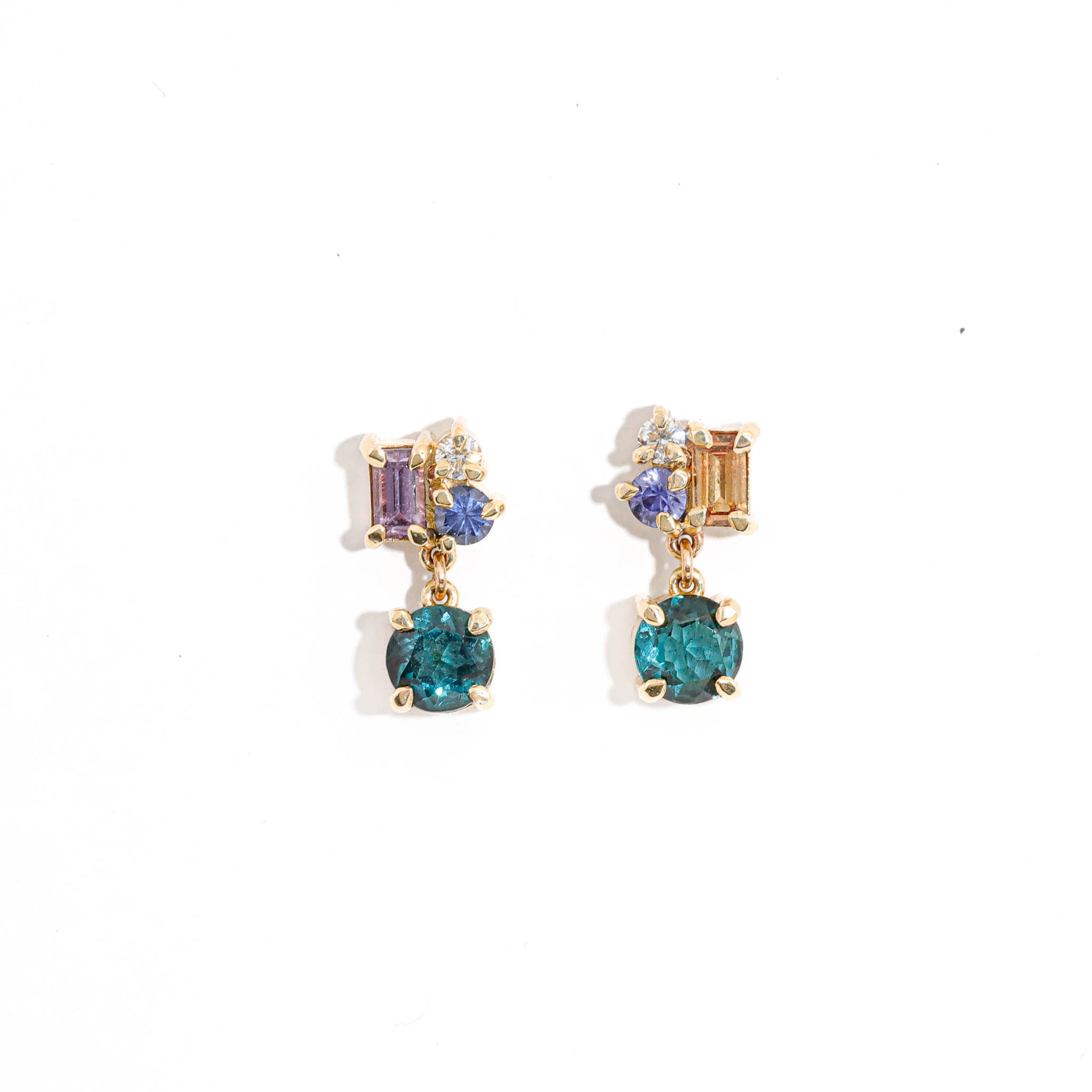 Emerald Cut and Round Cut Purple and Orange Sapphire, Round Cut Champagne Diamond and Round Cut Purple/Blue, Light Purple Tourmaline Cluster Earrings in 9 Carat Yellow Gold