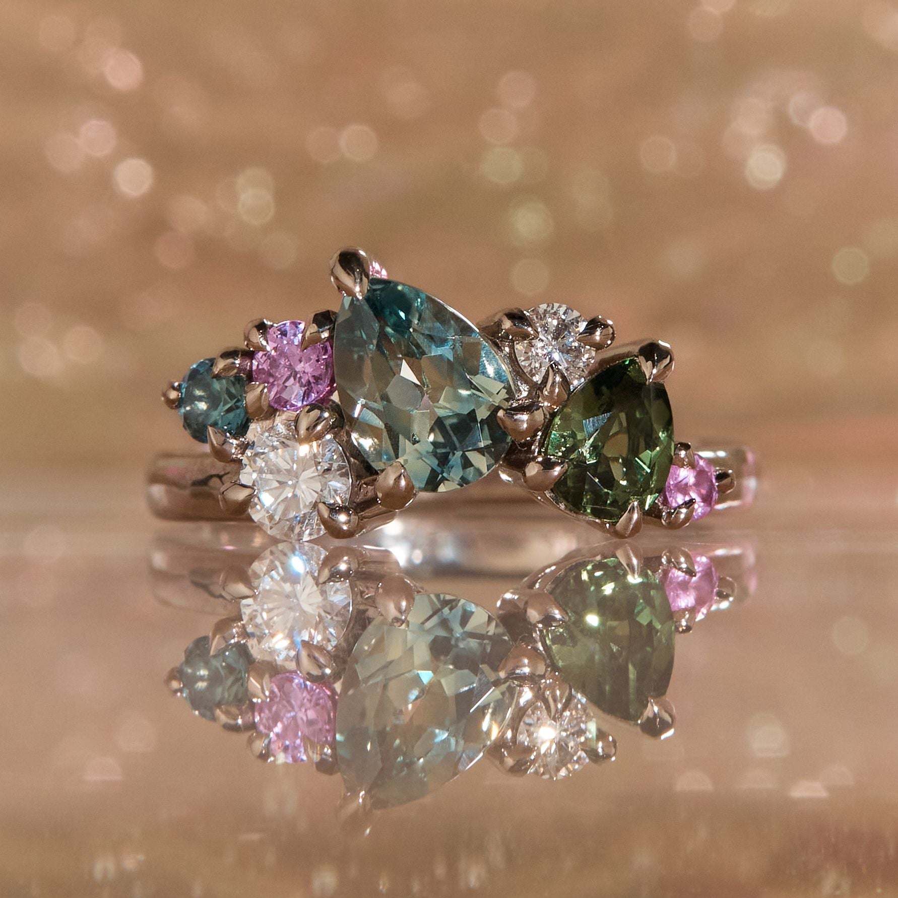 multi sapphire and diamond cluster ring