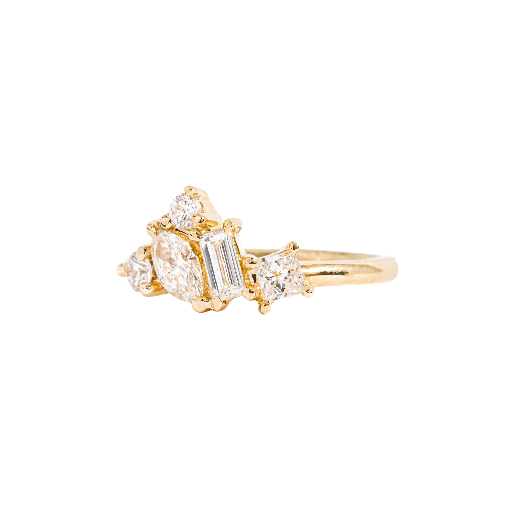 contemporary diamond cluster ring on yellow gold band