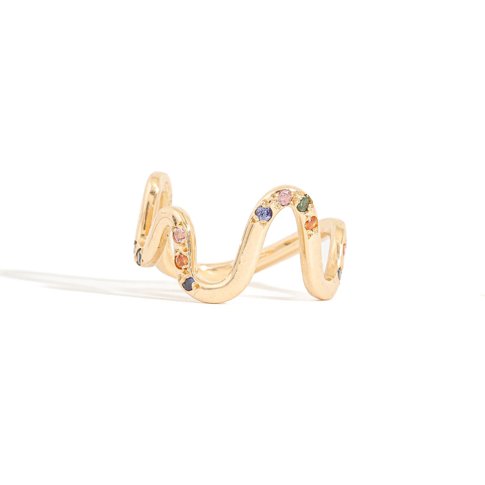Solid 18ct Gold curved ring with clustered coloured sapphires