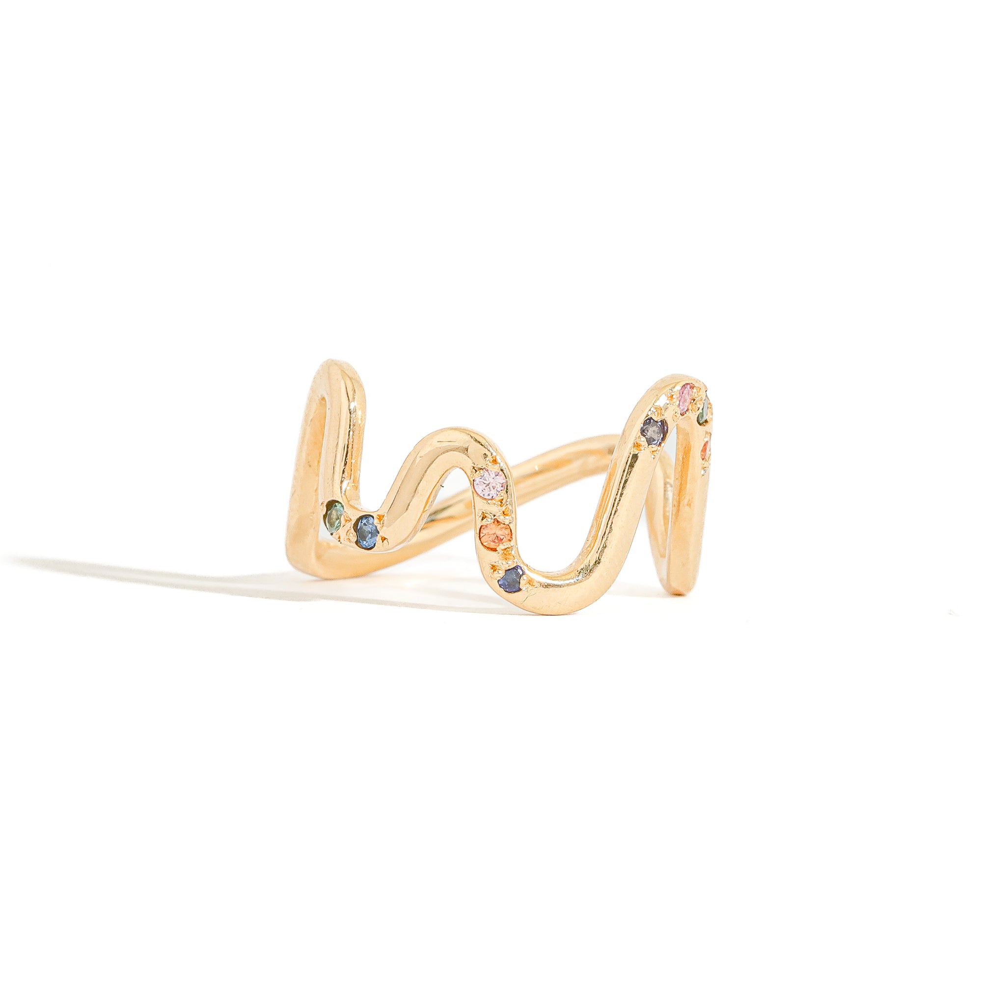 Solid 18ct Gold curved ring with clustered coloured sapphires
