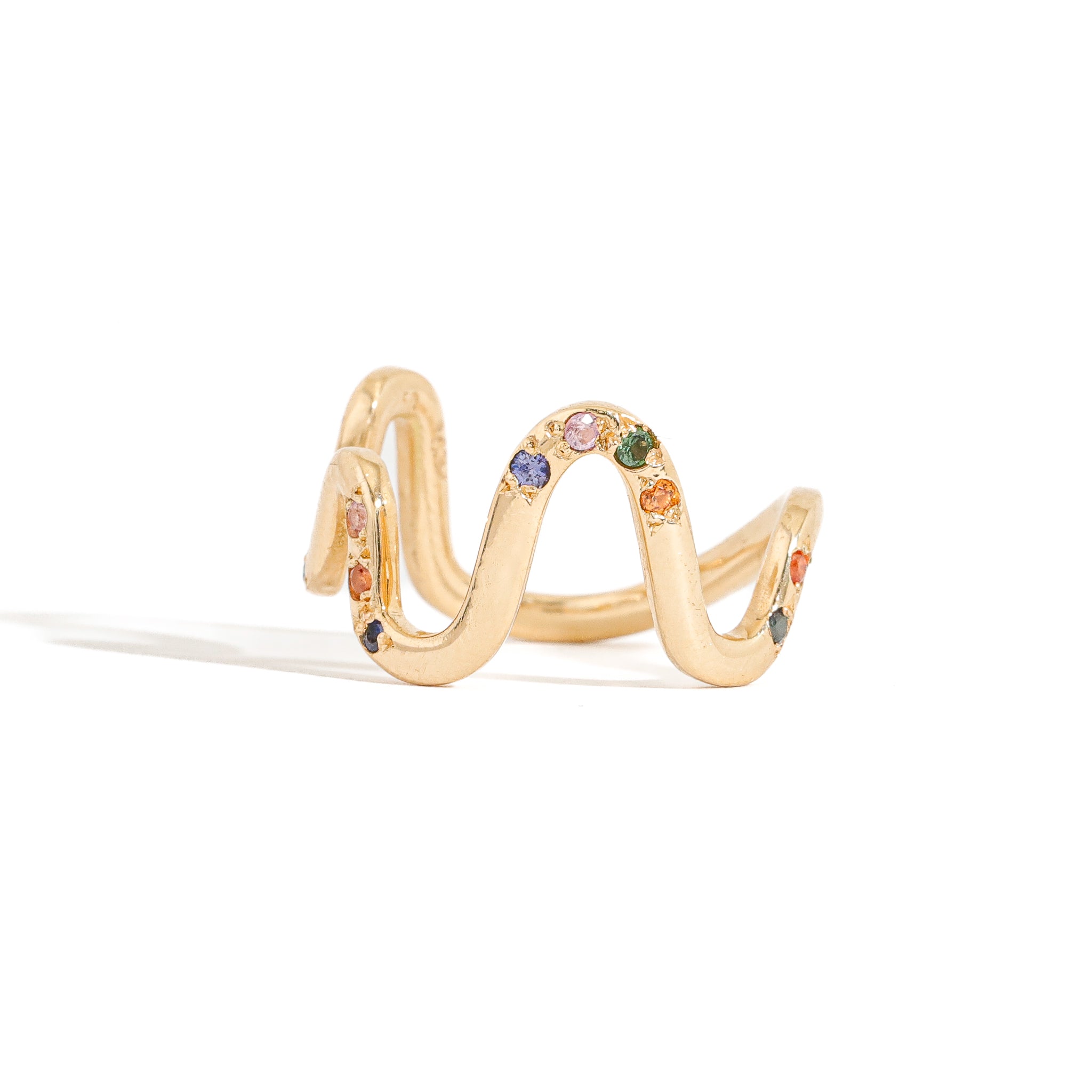 Solid 18ct Gold curved ring with clustered coloured sapphires