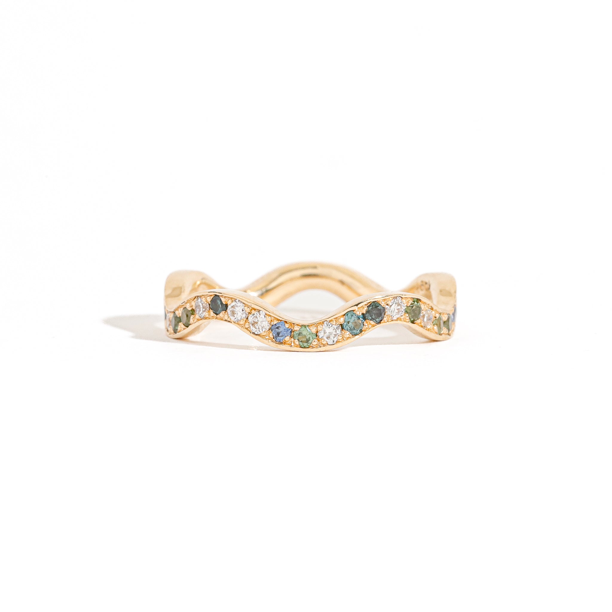 yellow gold 2mm band with nineteen assorted sapphires