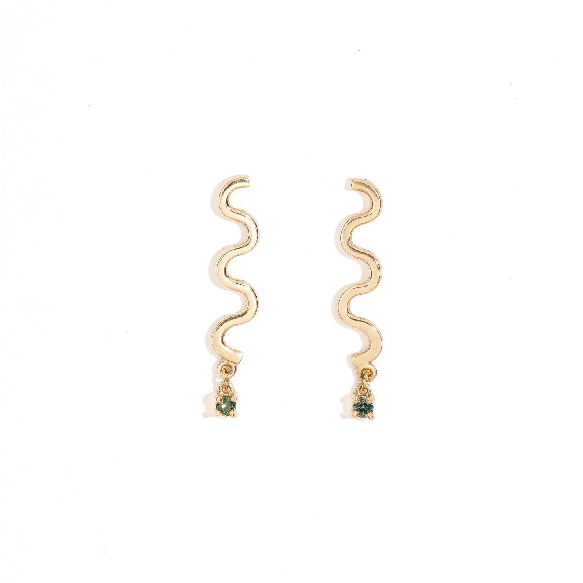 9ct yellow gold long spiral stud earring with teal sapphire drop
