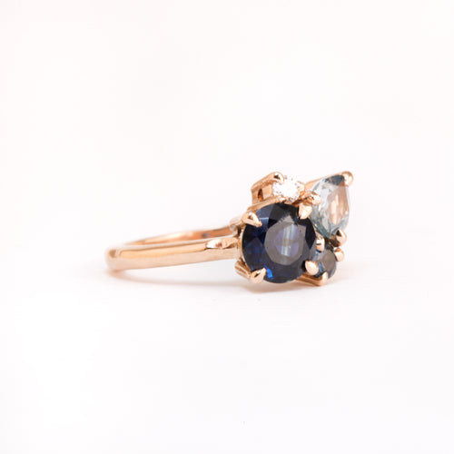Made in Melbourne, 18ct rose gold ring with a mixture of round and pear cut ethically sourced sapphires.