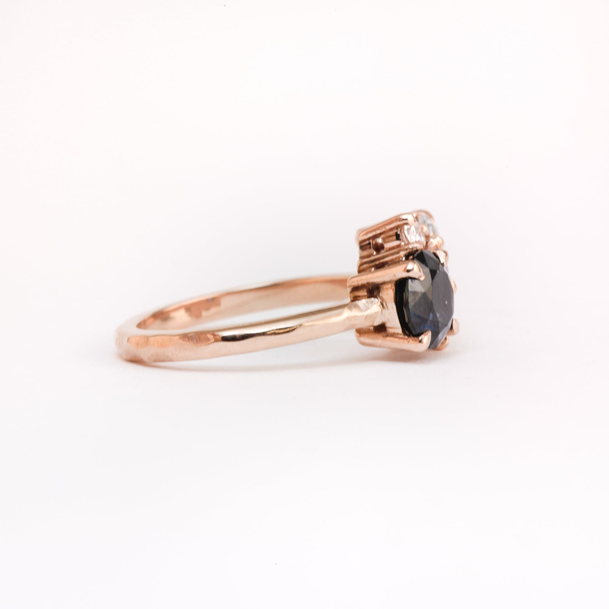 Made in Melbourne, 18ct rose gold ring with a mixture of round and pear cut ethically sourced sapphires.