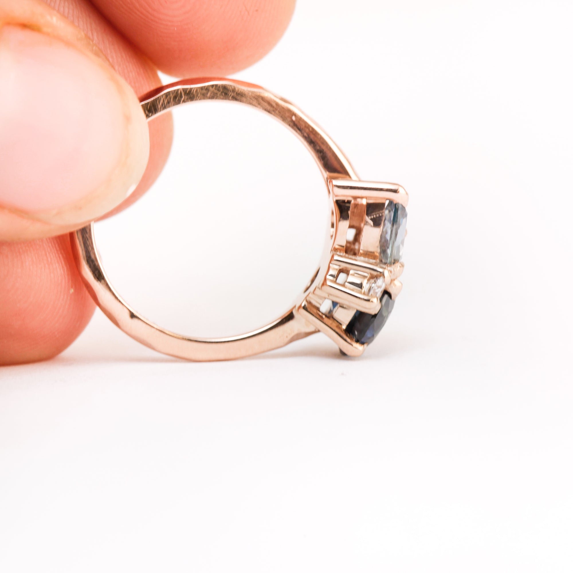 Made in Melbourne, 18ct rose gold ring with a mixture of round and pear cut ethically sourced sapphires.