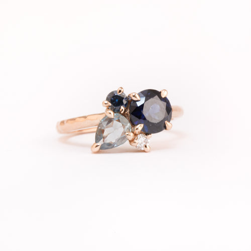 Made in Melbourne, 18ct rose gold ring with a mixture of round and pear cut ethically sourced sapphires.