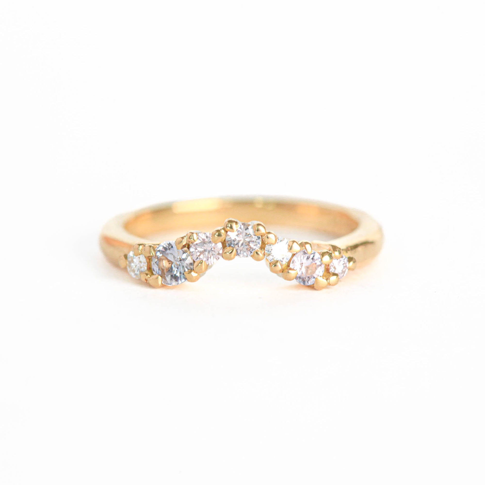 Made in Melbourne, 18ct yellow gold curved engagement ring with a row of diamonds. 