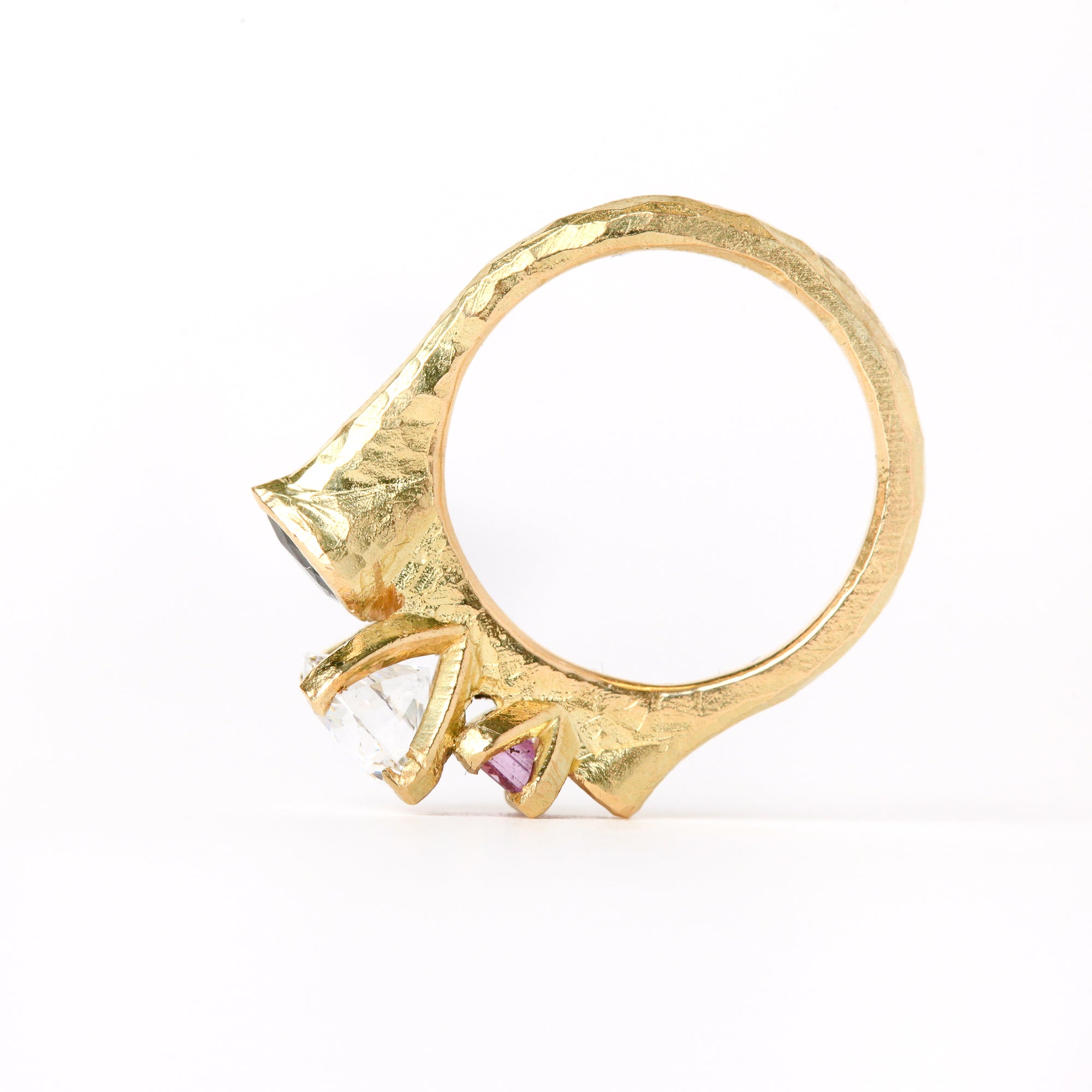 Ethically sourced pink and green Australian sapphires with a diamond centred. Featured here in 18ct yellow gold.