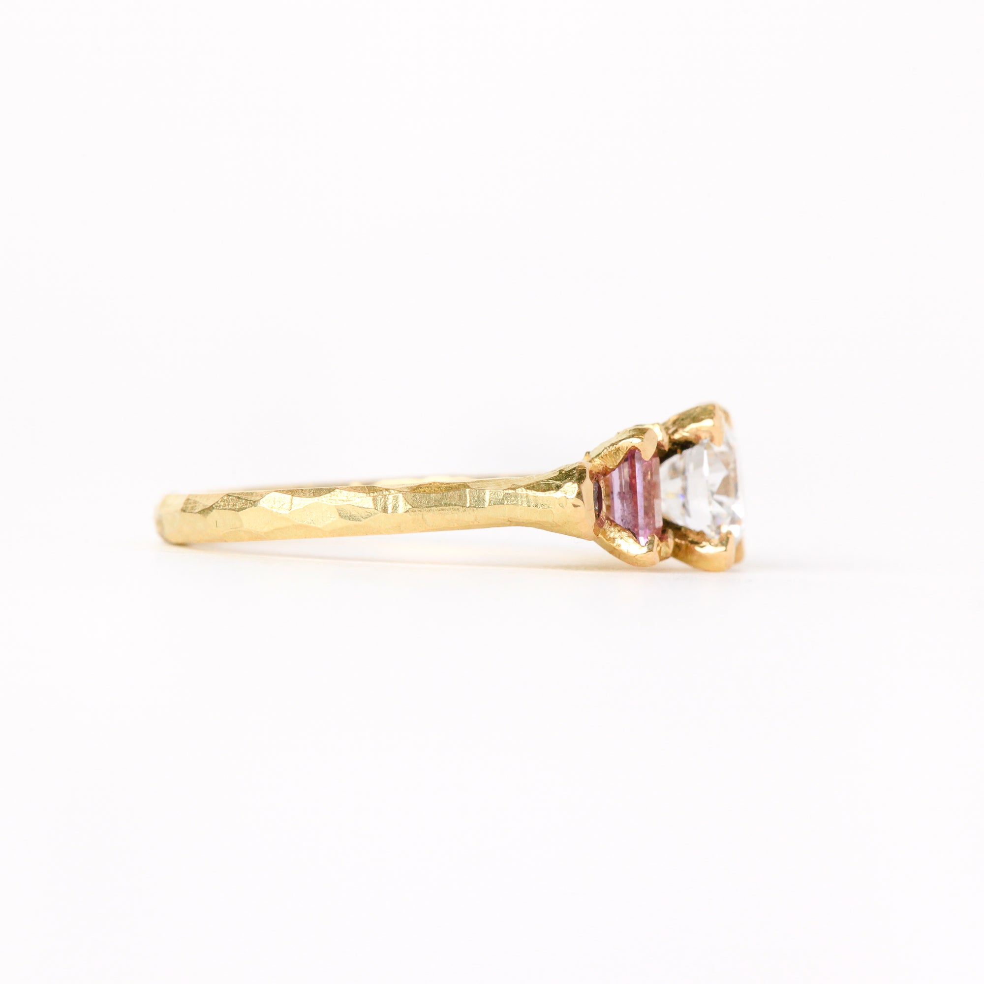 Ethically sourced pink and green Australian sapphires with a diamond centred. Featured here in 18ct yellow gold.