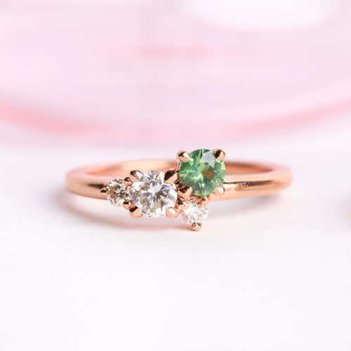Ethically sourced ethically sourced Australian green sapphire with white and champagne diamond ring with recycled refined 18ct Rose Gold. Bespoke and Handmade by Black Finch Jewellery in Melbourne