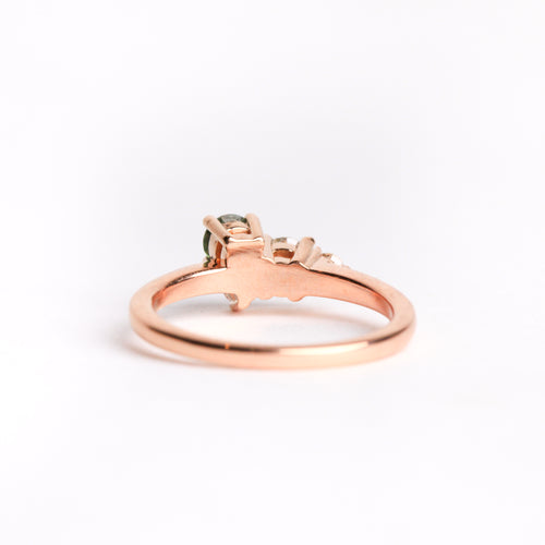 Ethically sourced ethically sourced Australian green sapphire with white and champagne diamond ring with recycled refined 18ct Rose Gold. Bespoke and Handmade by Black Finch Jewellery in Melbourne